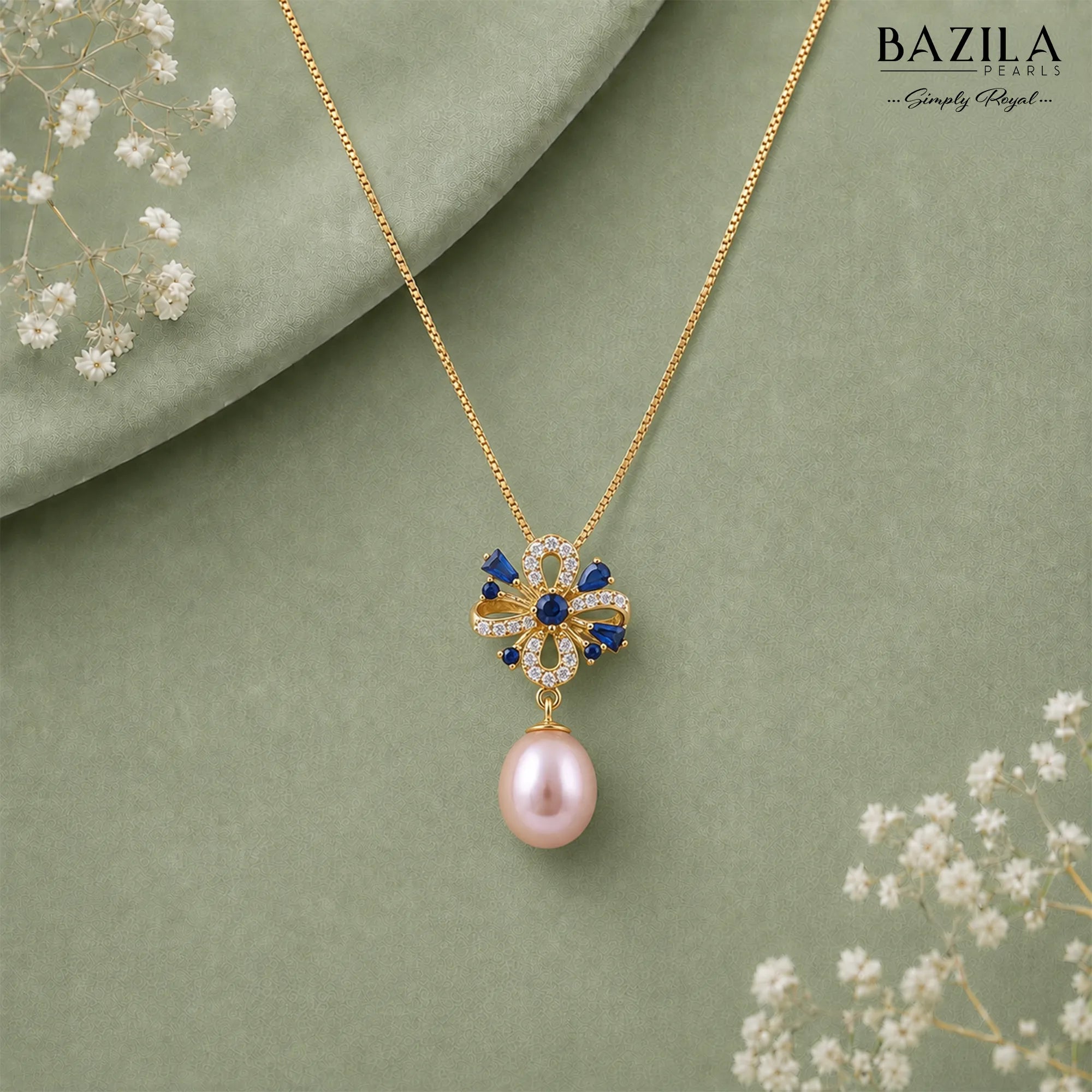 Floral Black Pearl Pendant Necklace in Silver Finish