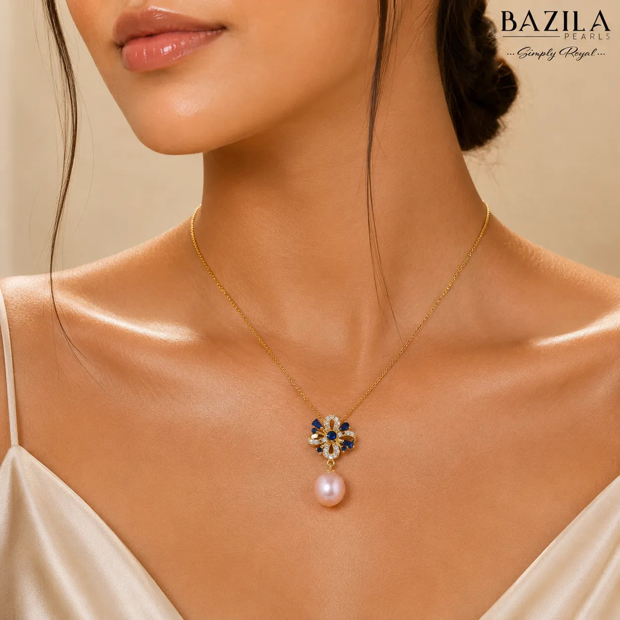 Floral Black Pearl Pendant Necklace in Silver Finish