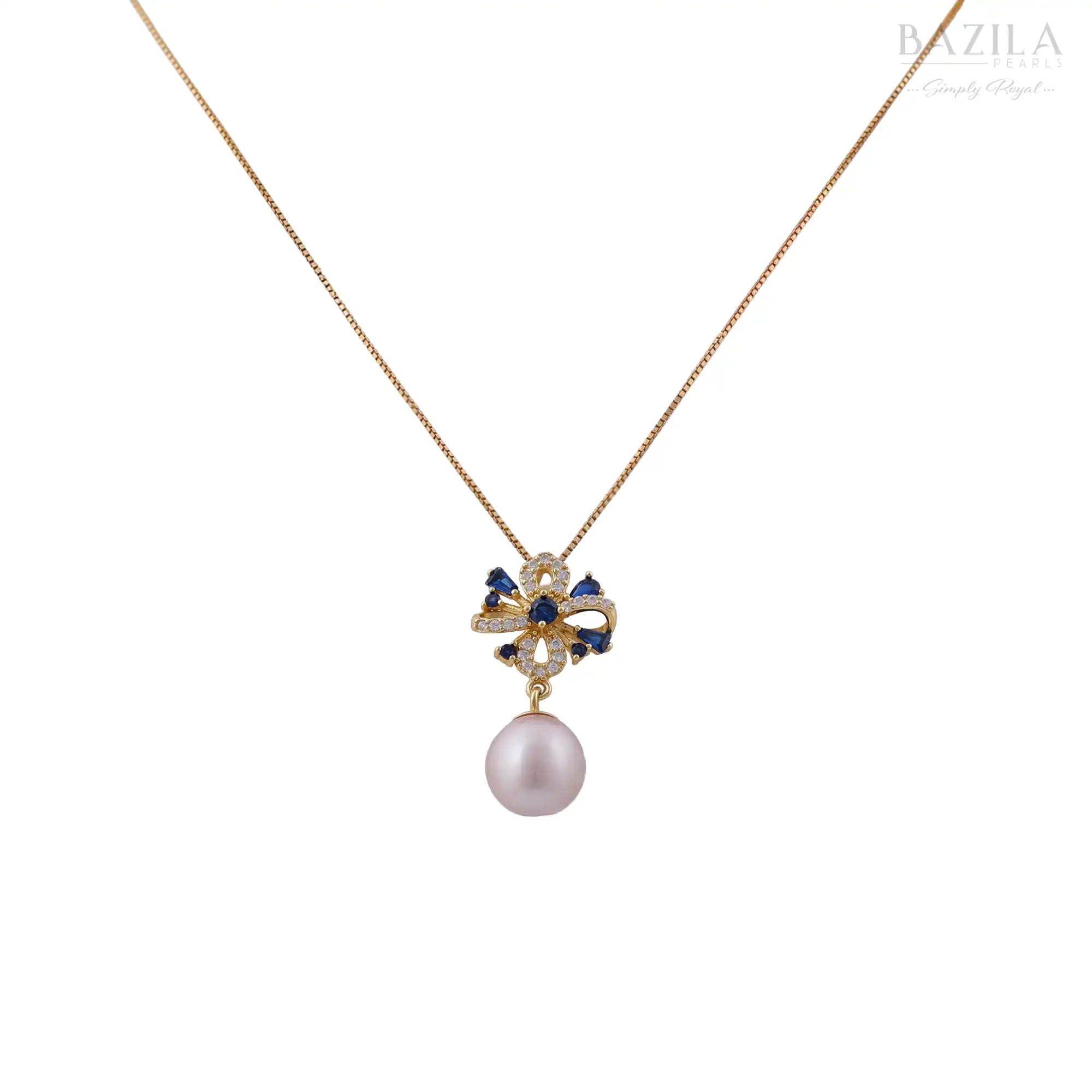 Floral Black Pearl Pendant Necklace in Silver Finish