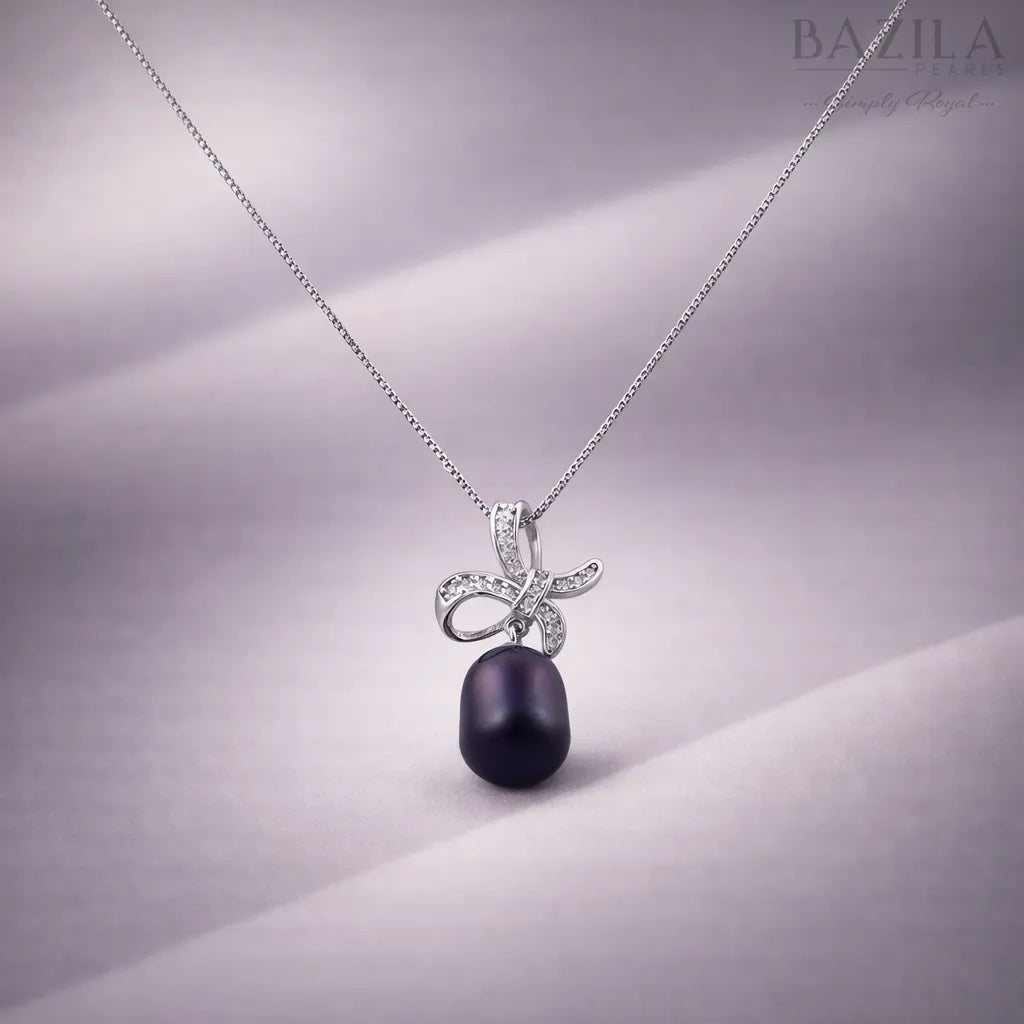 Elegant Black Pearl Bow Pendant Necklace in Silver Finish