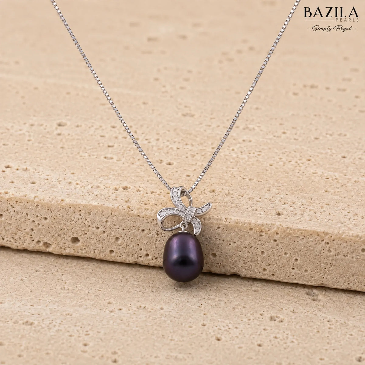 Elegant Black Pearl Bow Pendant Necklace in Silver Finish