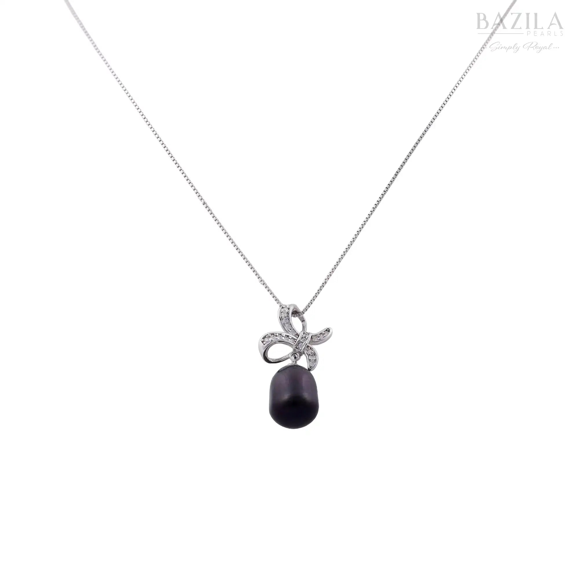 Elegant Black Pearl Bow Pendant Necklace in Silver Finish