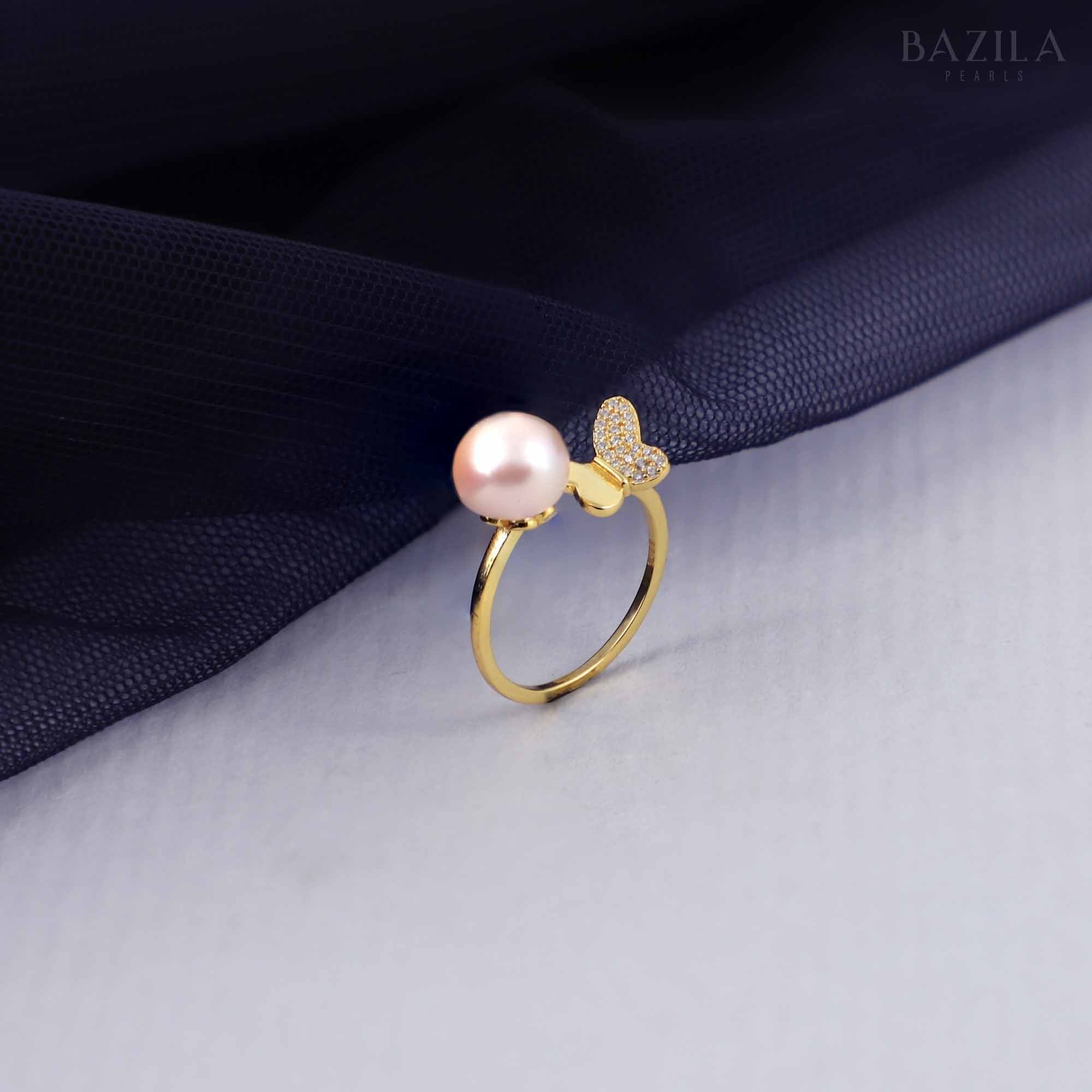 Golden Butterfly Pink Pearl Ring
