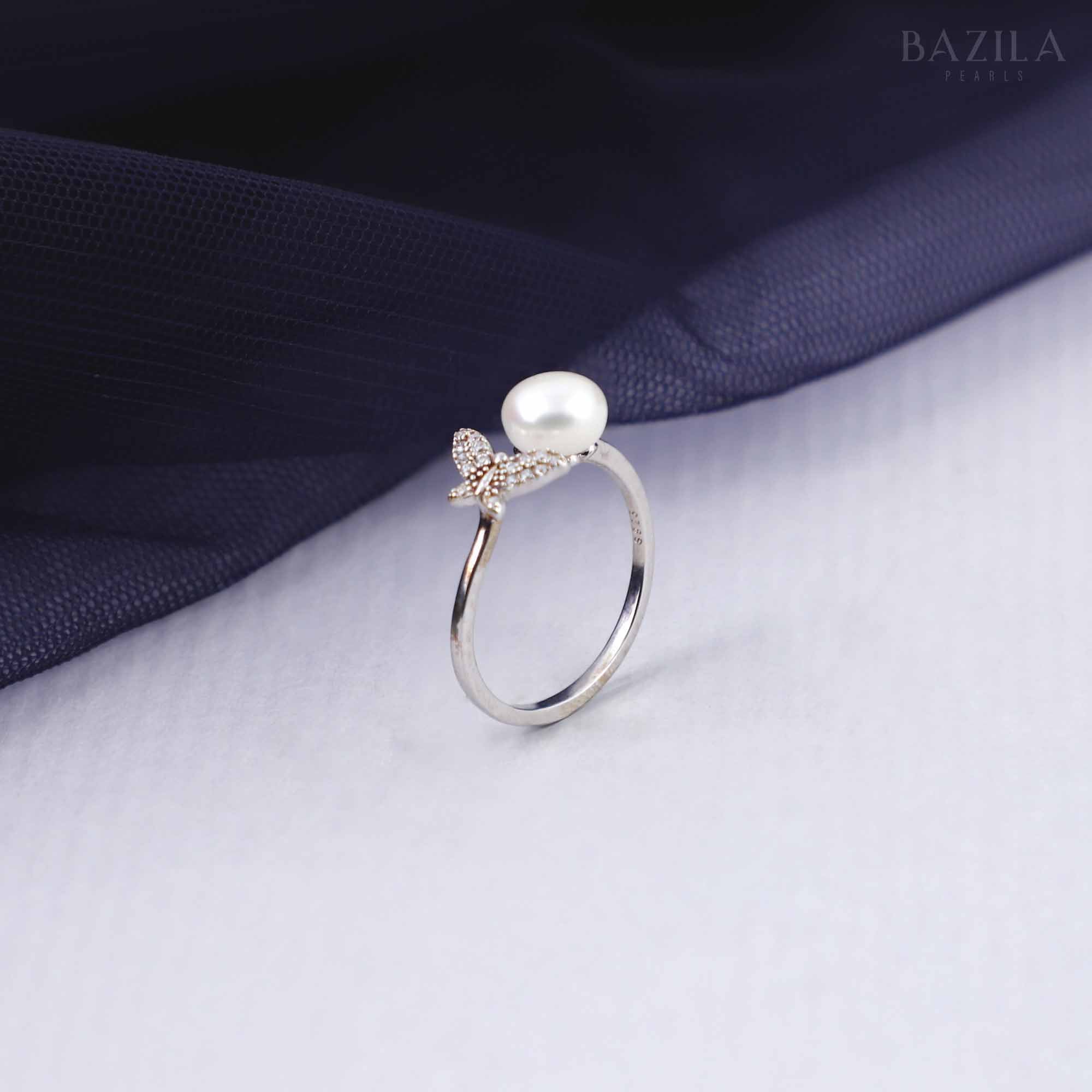 Adjustable White Pearl & Zircon Butterfly Ring