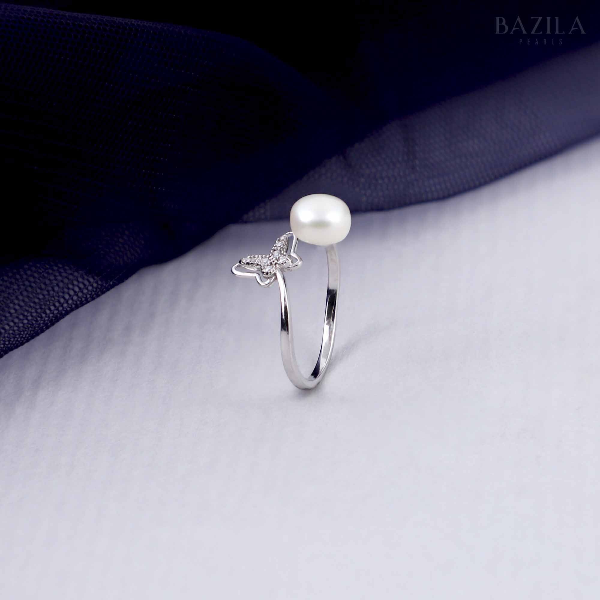 Adjustable Pearl & Zircon Butterfly Ring