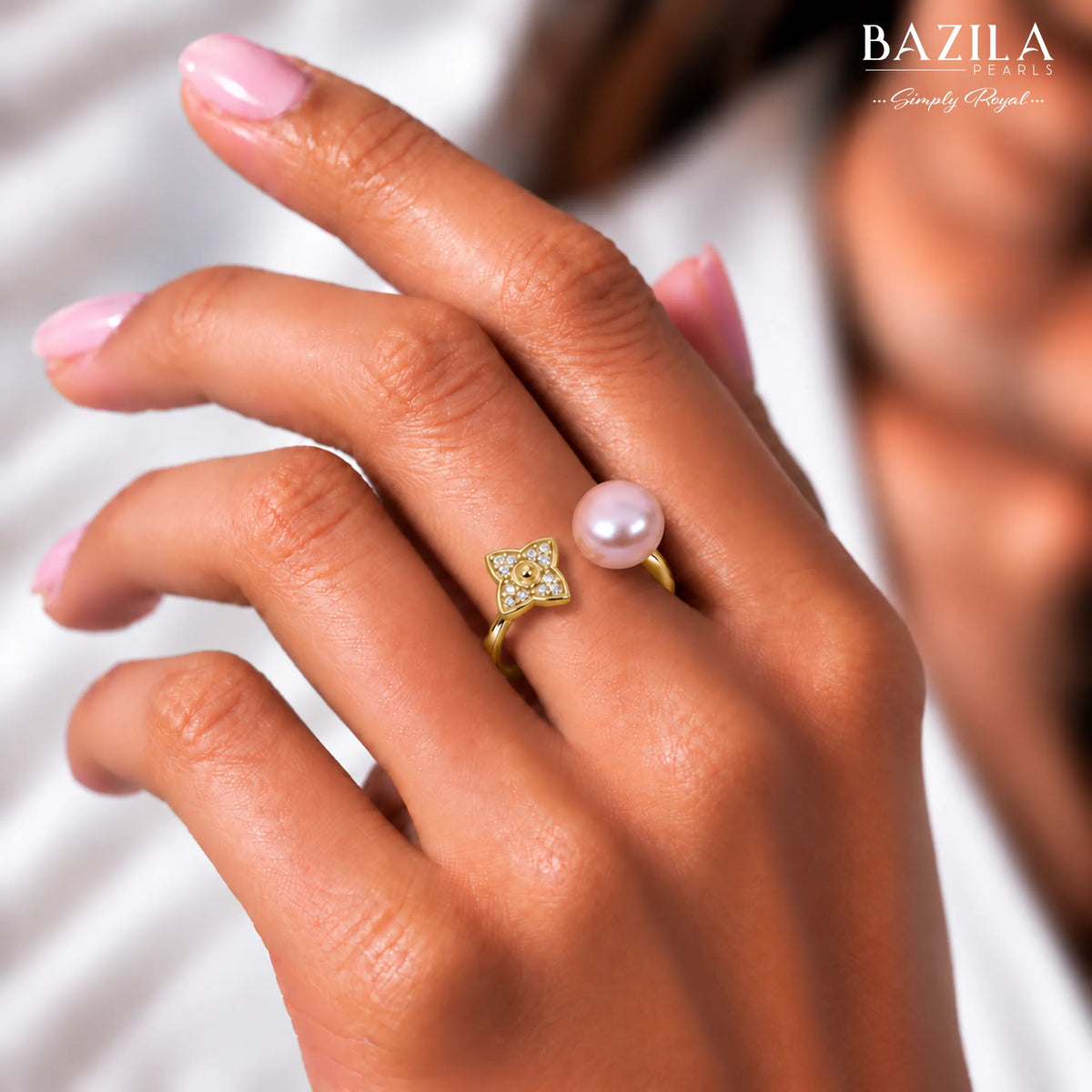 Open Gold Ring with Light Pink Pearl and Flower Charm