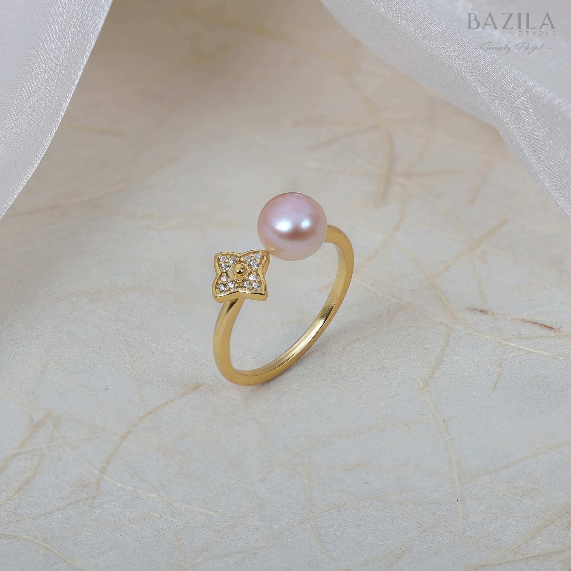 Open Gold Ring with Light Pink Pearl and Flower Charm