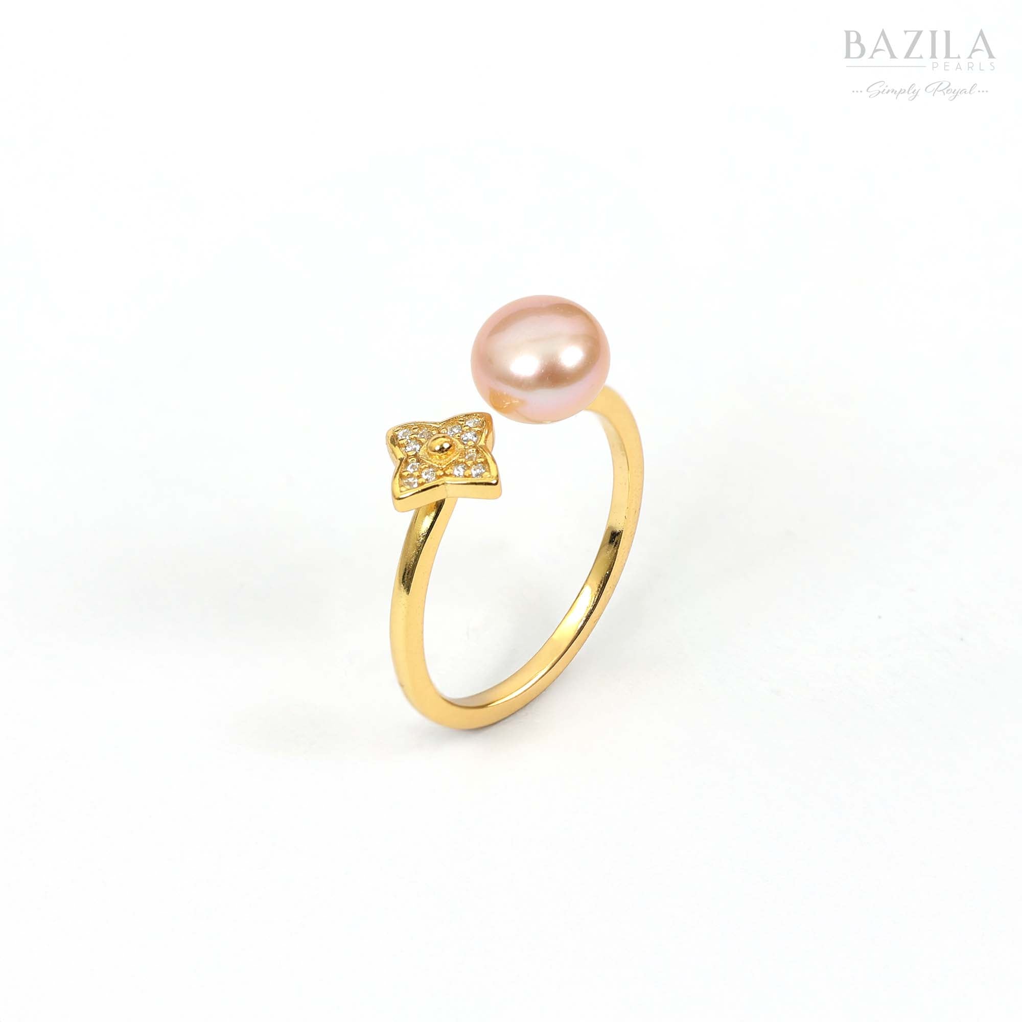 Open Gold Ring with Light Pink Pearl and Flower Charm