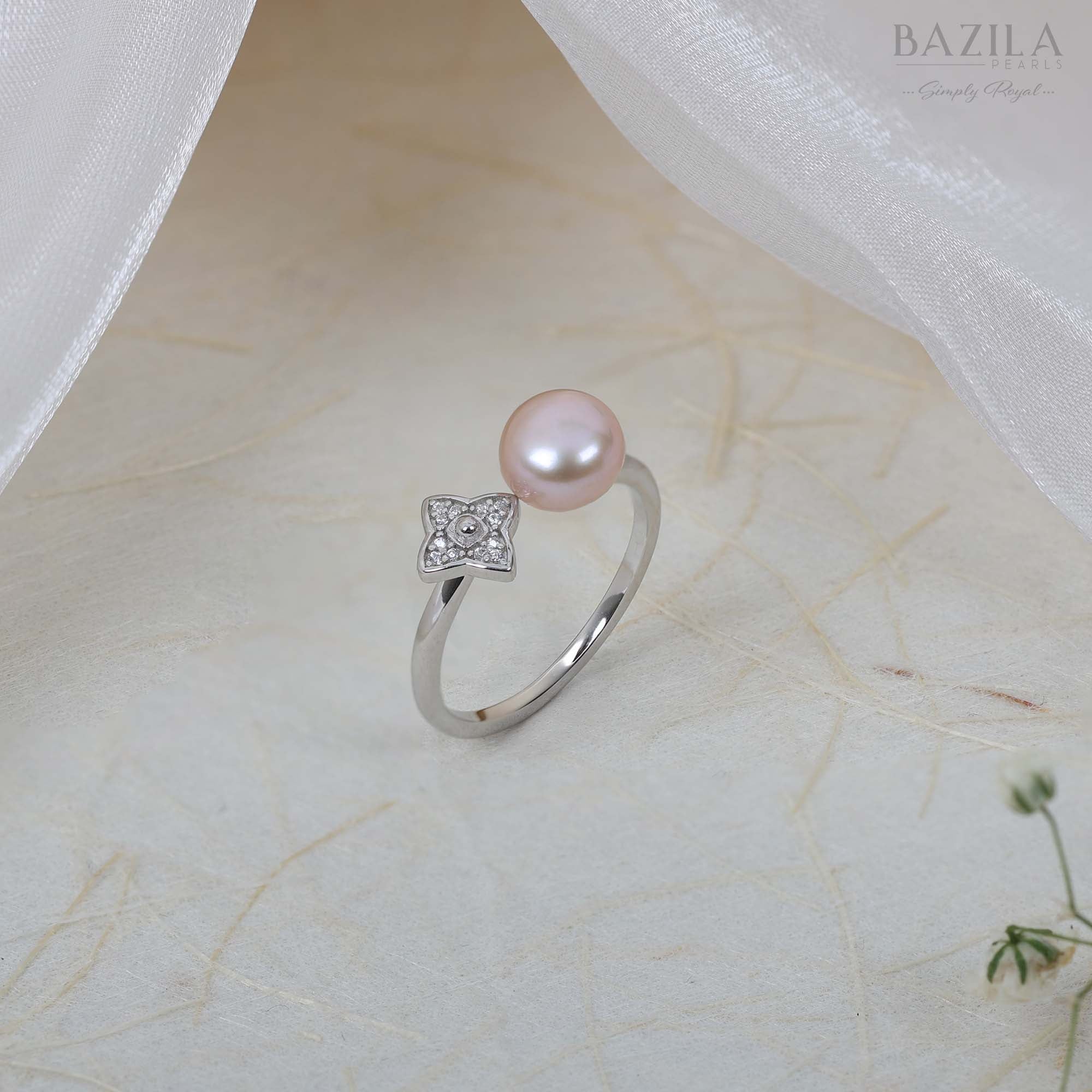 Silver Ring with Pink Pearl and Floral Sparkle