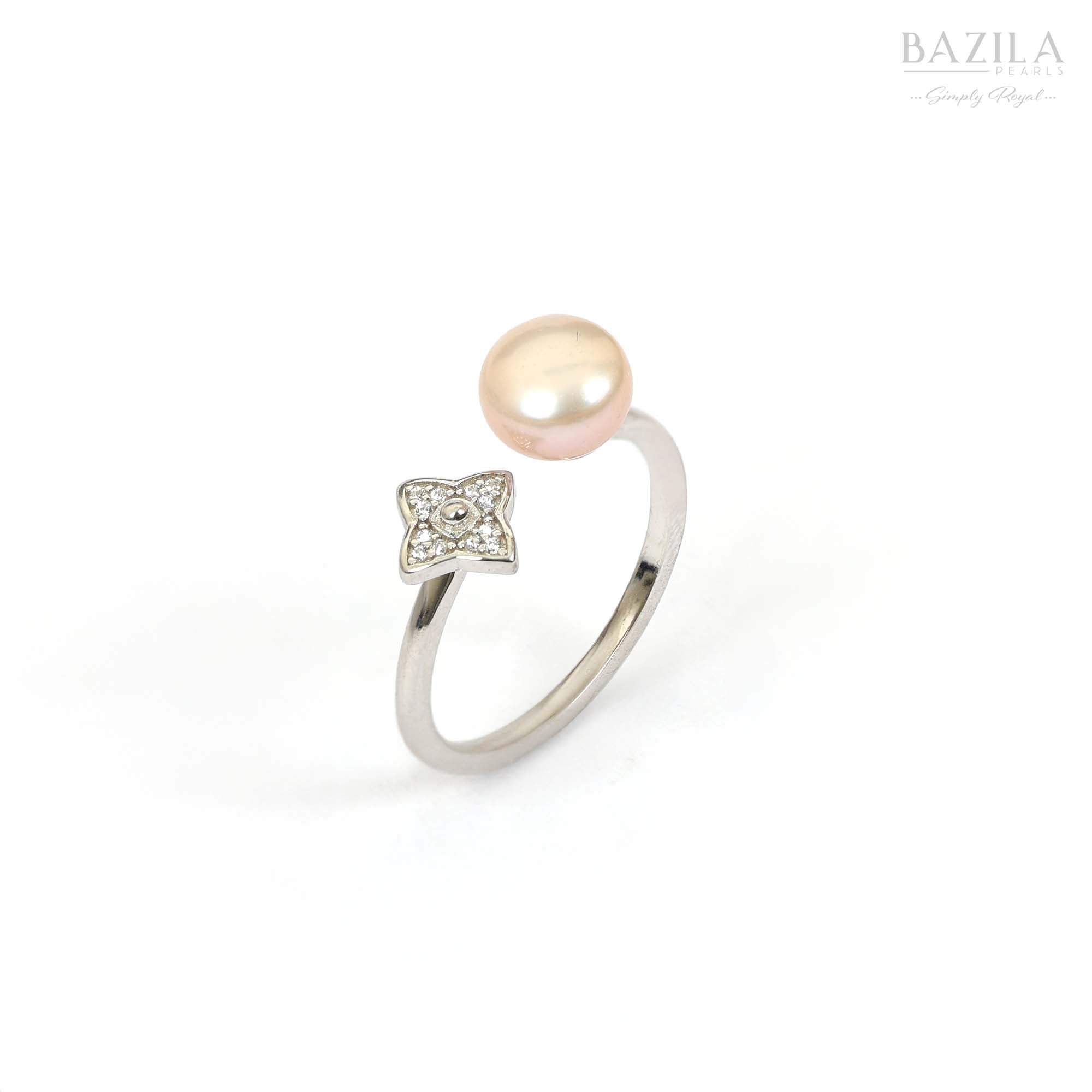 Silver Ring with Pink Pearl and Floral Sparkle