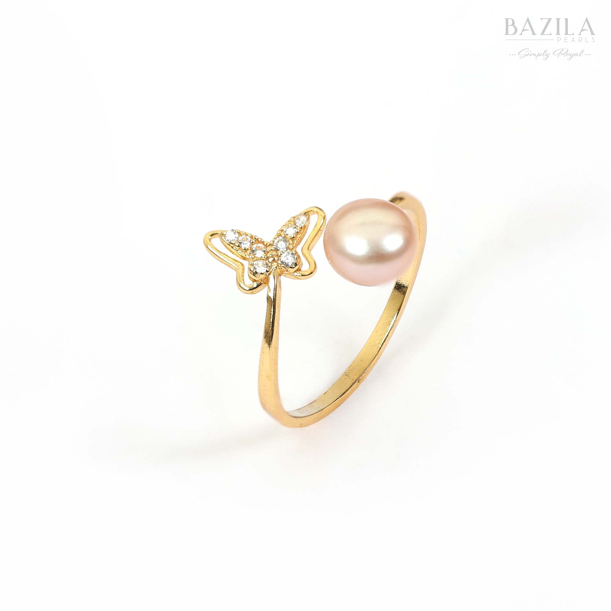 Gold Ring with Pink Pearl and Butterfly Charm
