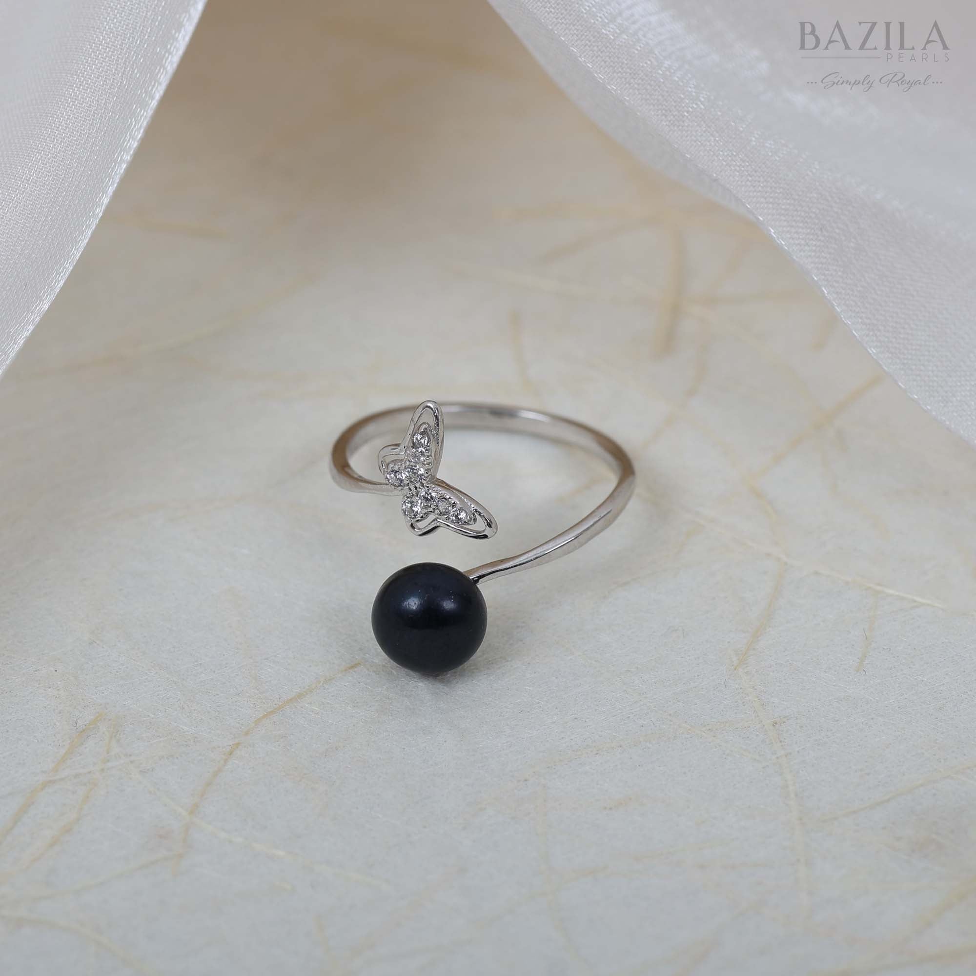 Black Pearl Butterfly Ring in Silver Finish