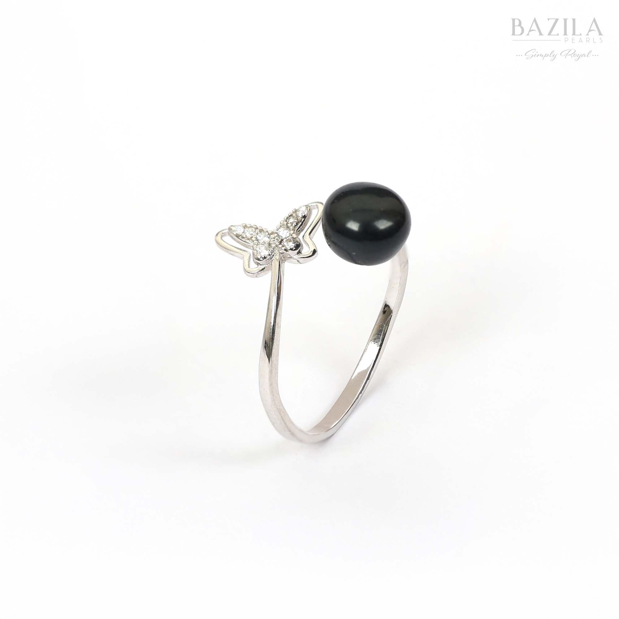 Black Pearl Butterfly Ring in Silver Finish