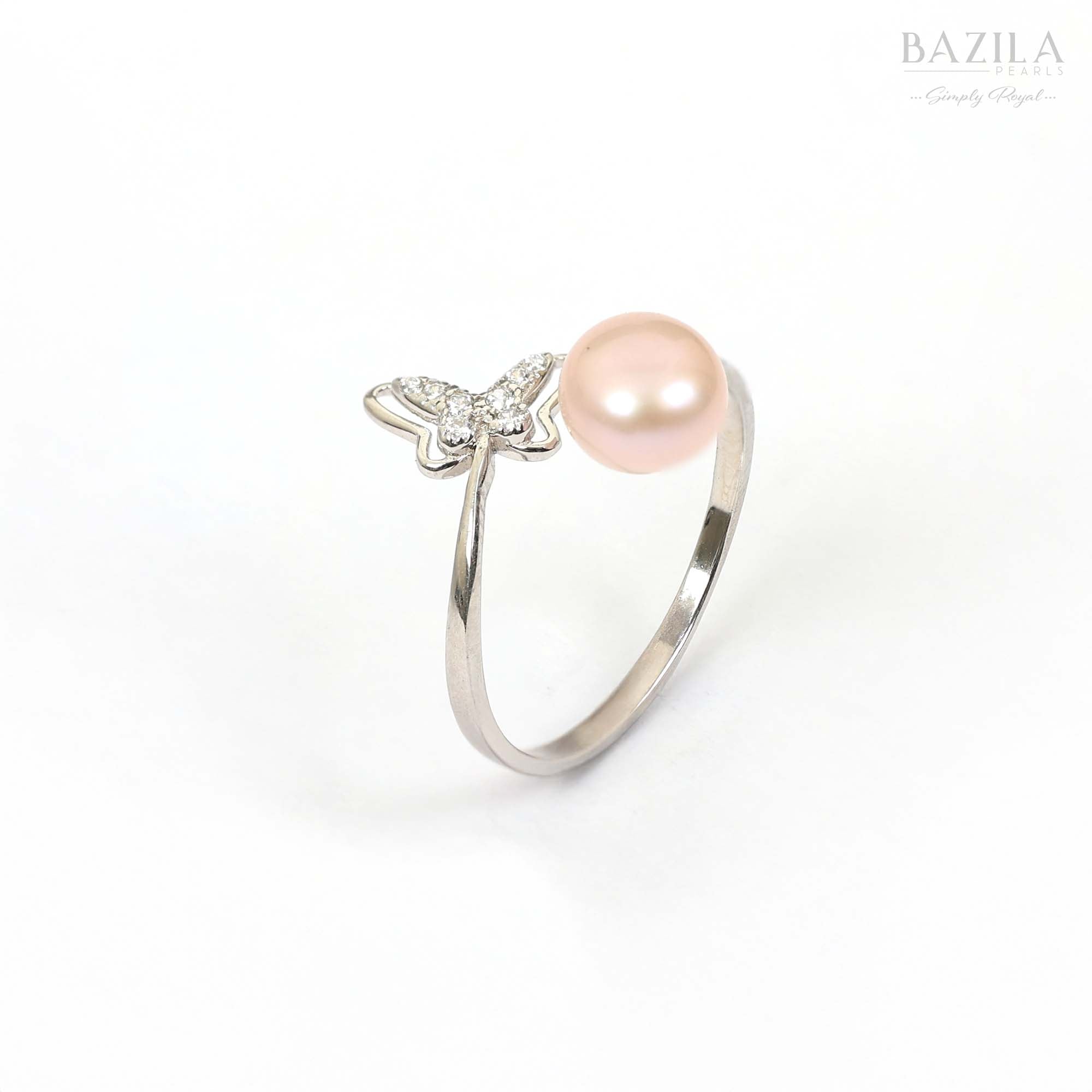 Silver-Tone Ring with Blush Pearl & Crystal Butterfly