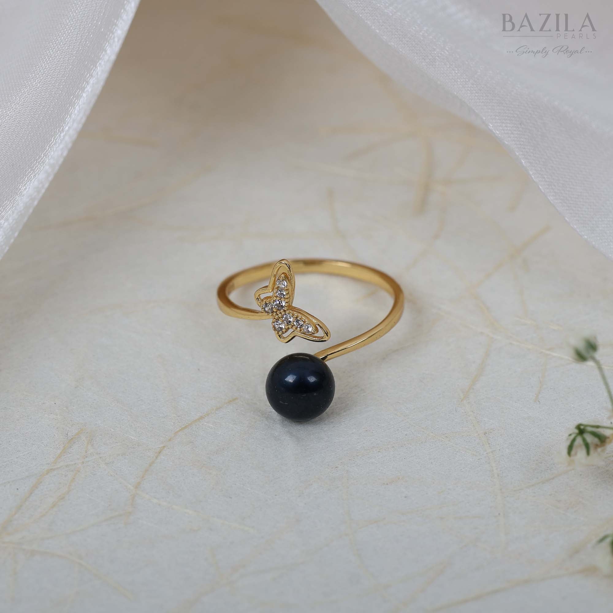 Gold Ring with Black Pearl & Sparkling Butterfly