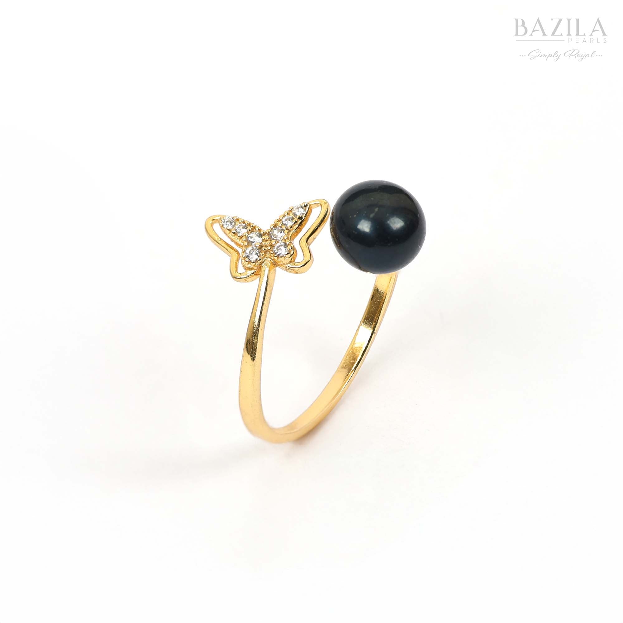 Gold Ring with Black Pearl & Sparkling Butterfly