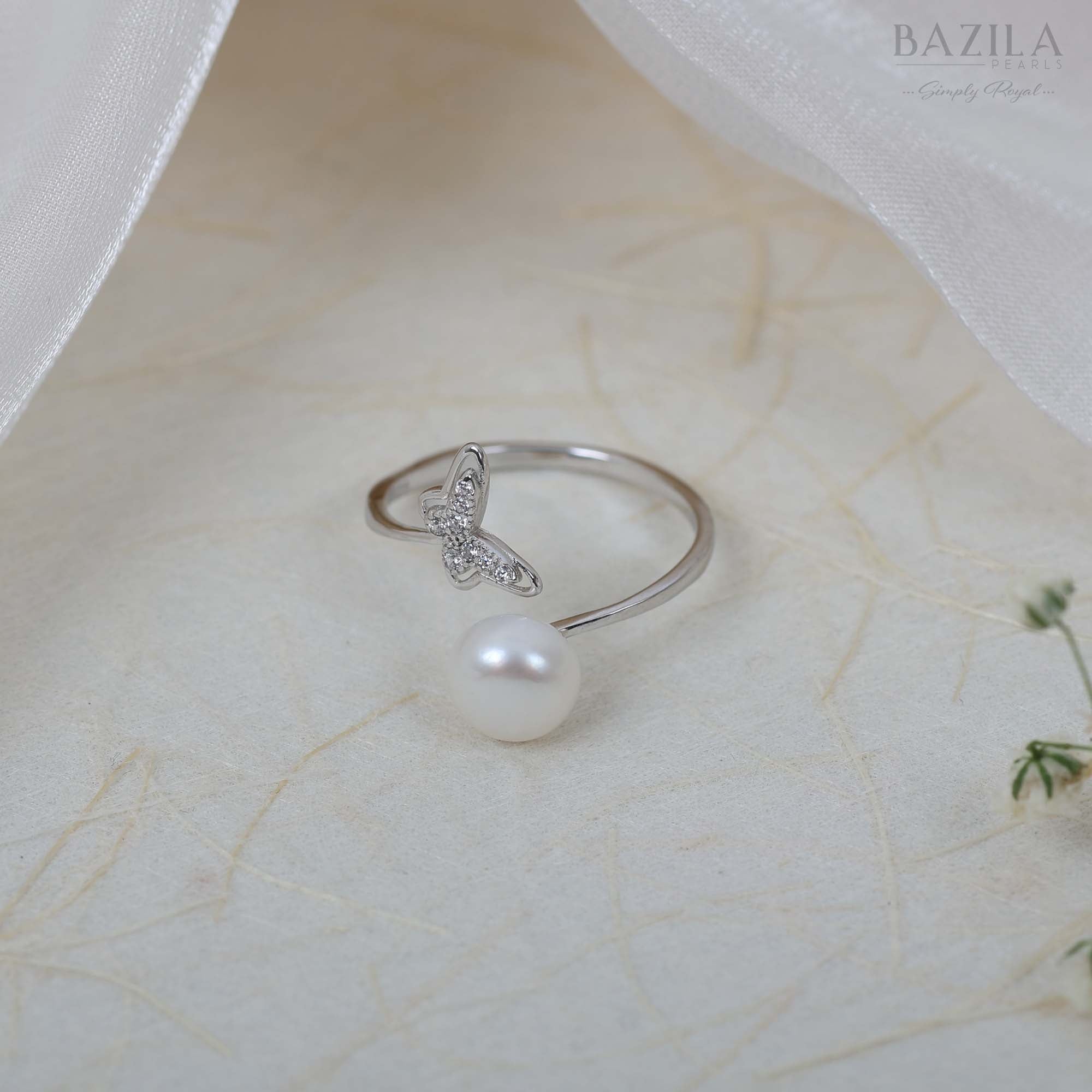 White Pearl & Butterfly Ring in Silver Finish
