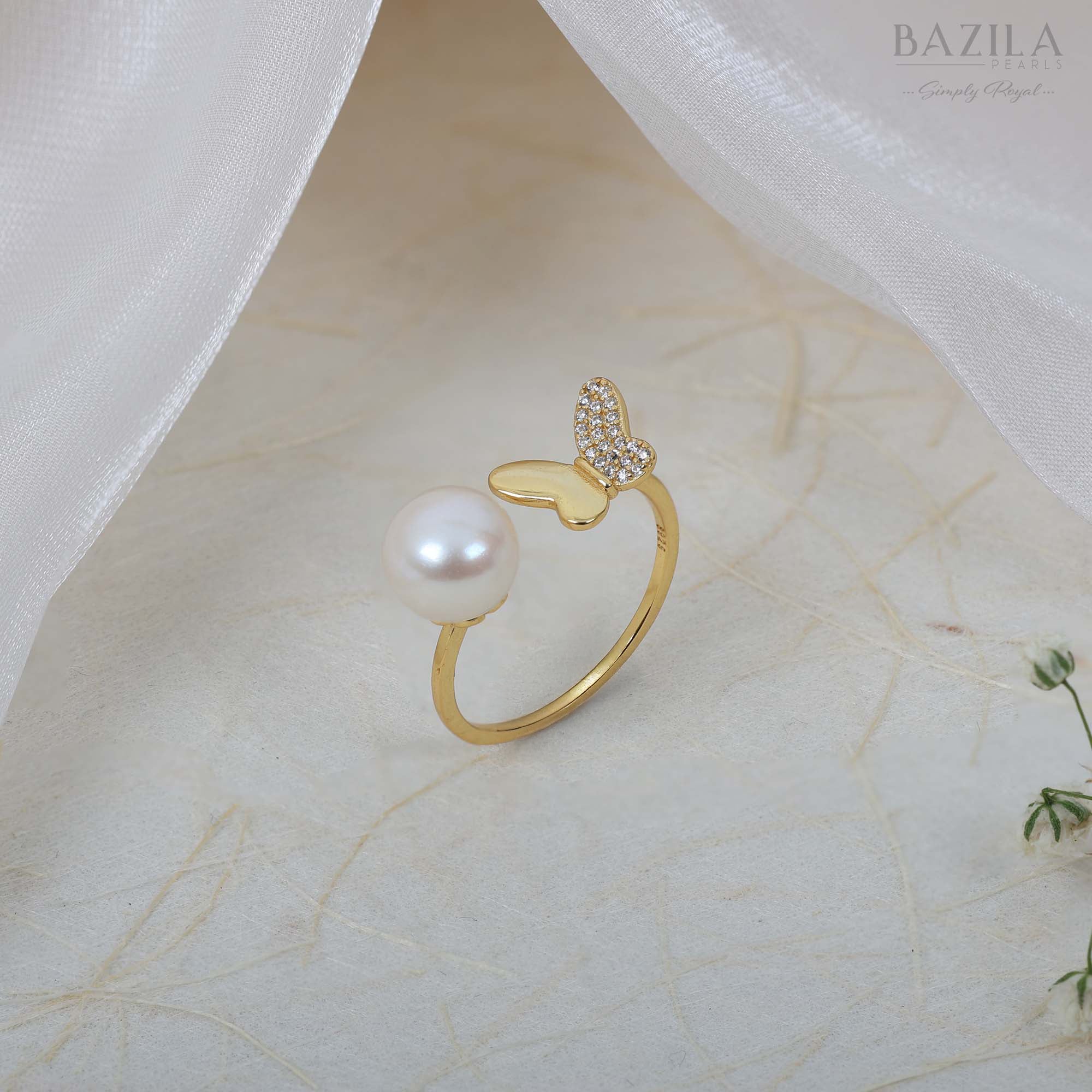 White Pearl Ring with Half-Stone Butterfly in Gold Finish