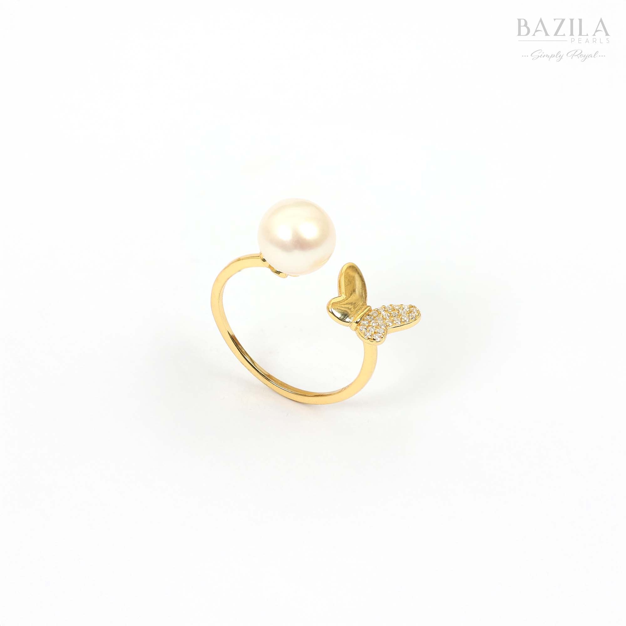 White Pearl Ring with Half-Stone Butterfly in Gold Finish
