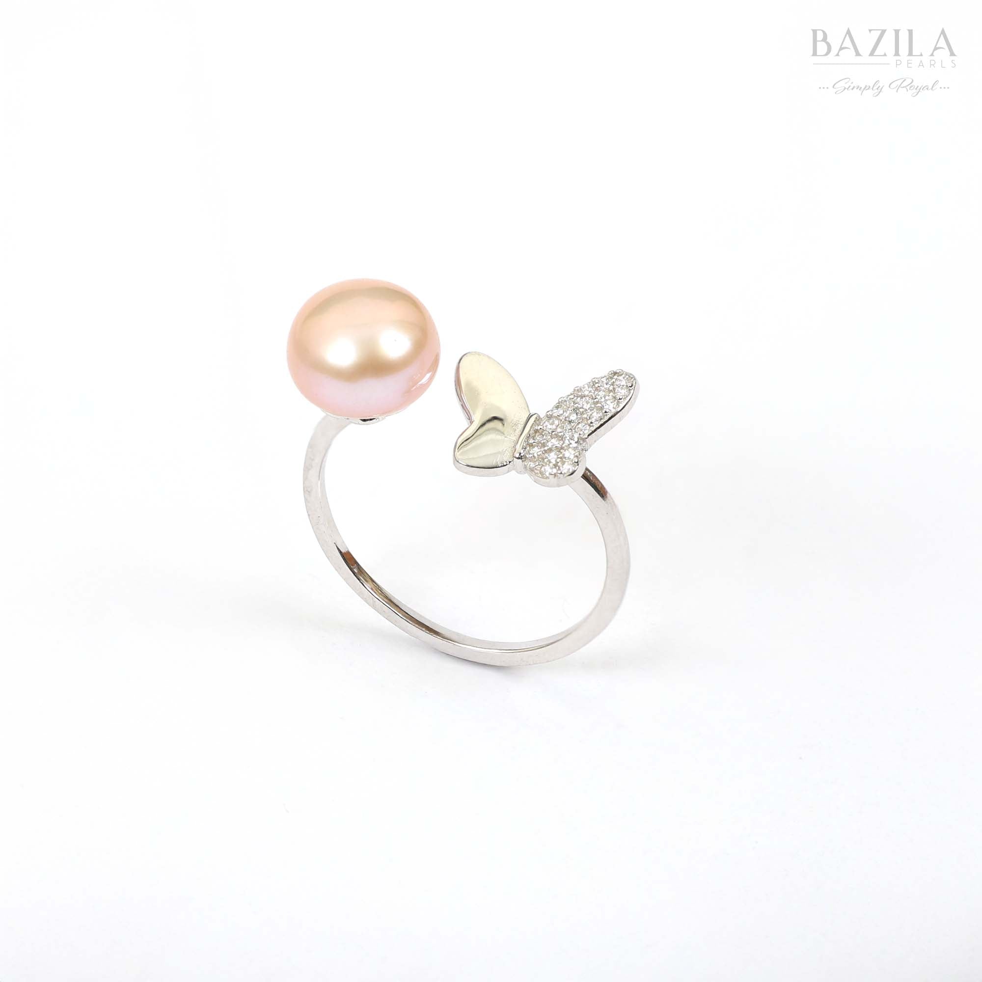 Pink Pearl Ring with Silver Butterfly Accent