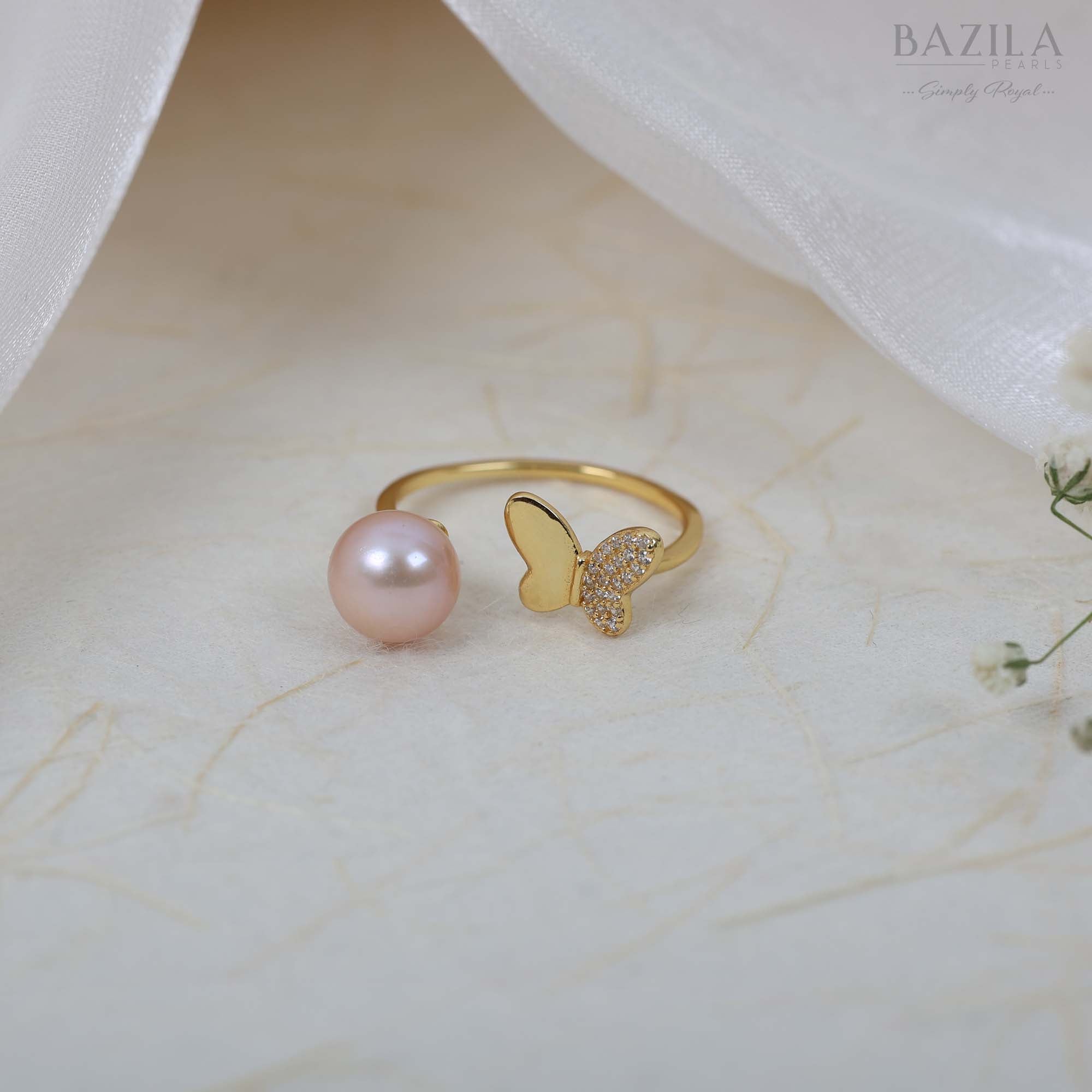 Gold Finish Ring with Pink Pearl & Butterfly Accent
