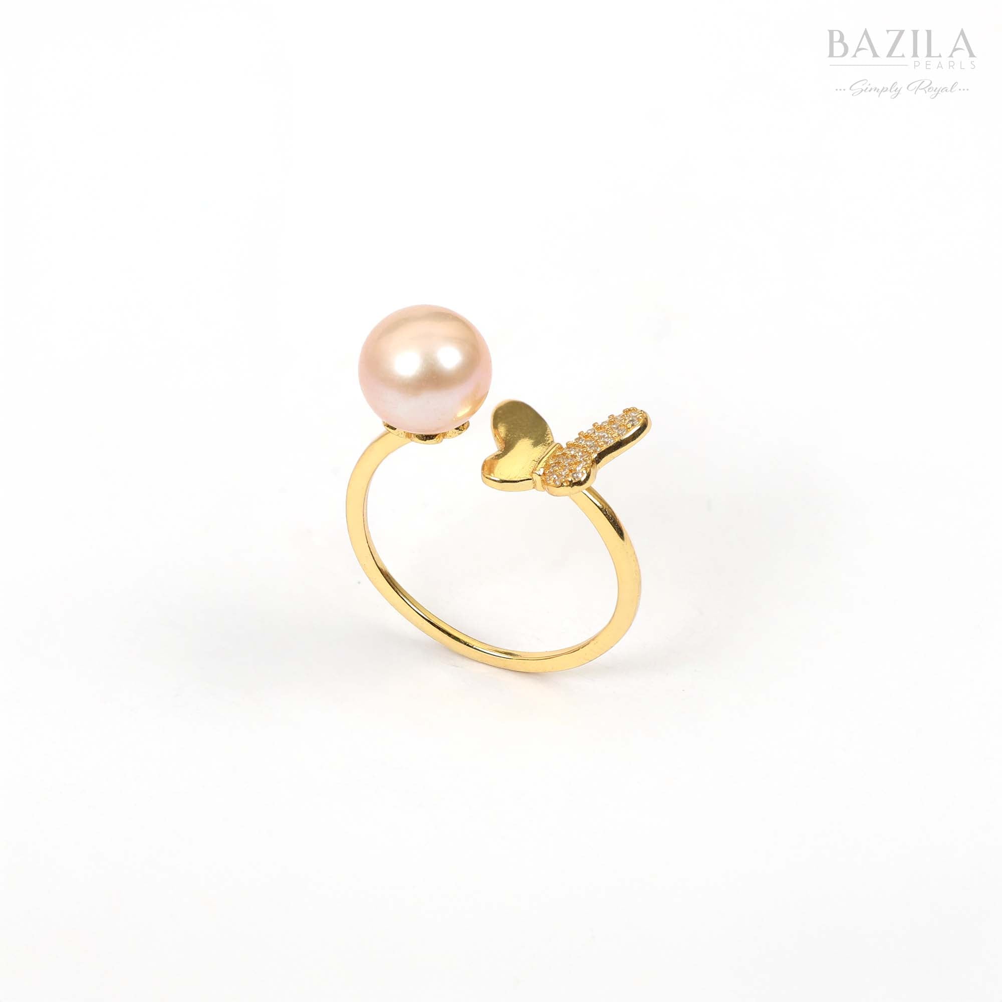 Gold Finish Ring with Pink Pearl & Butterfly Accent