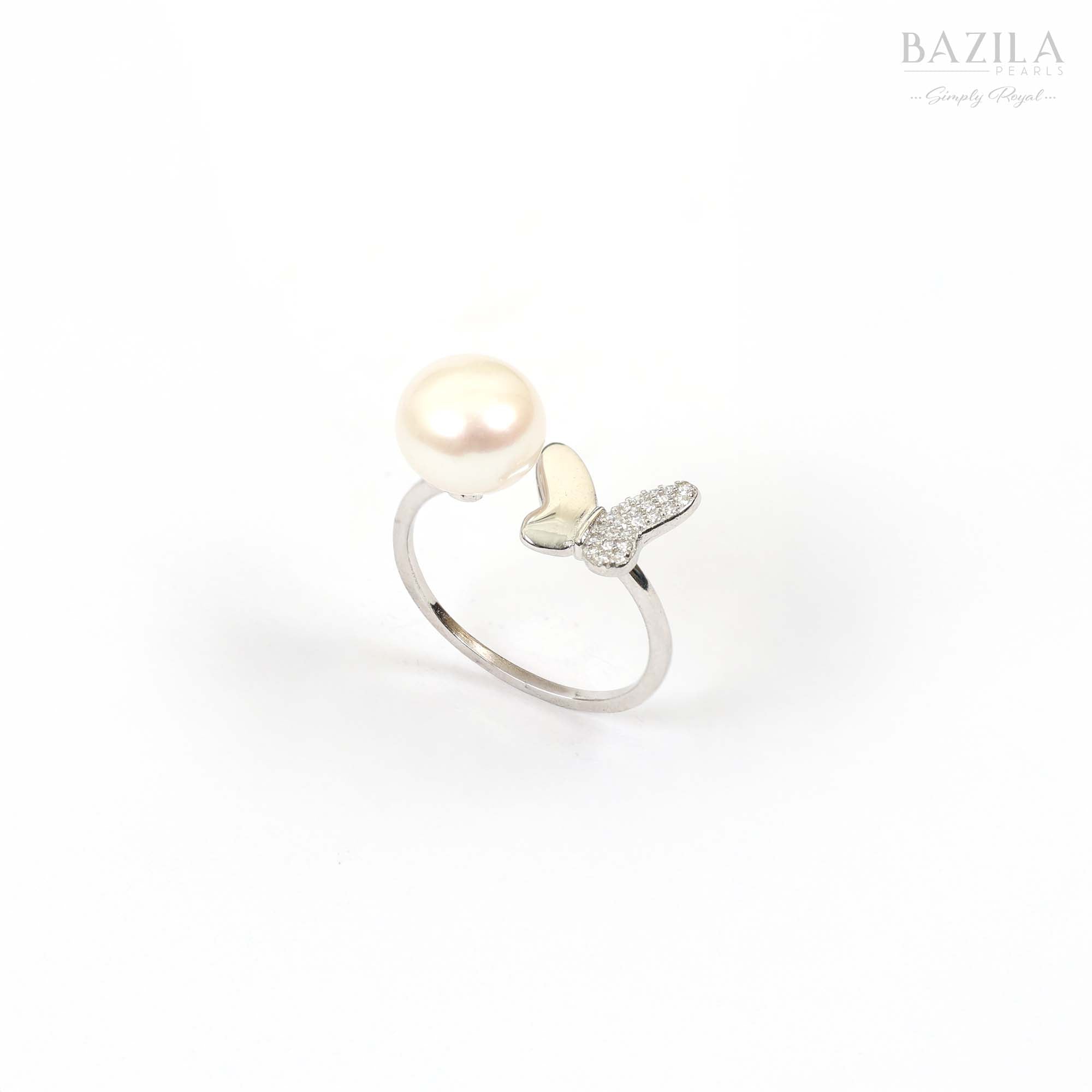 White Pearl Ring with Silver Butterfly Touch