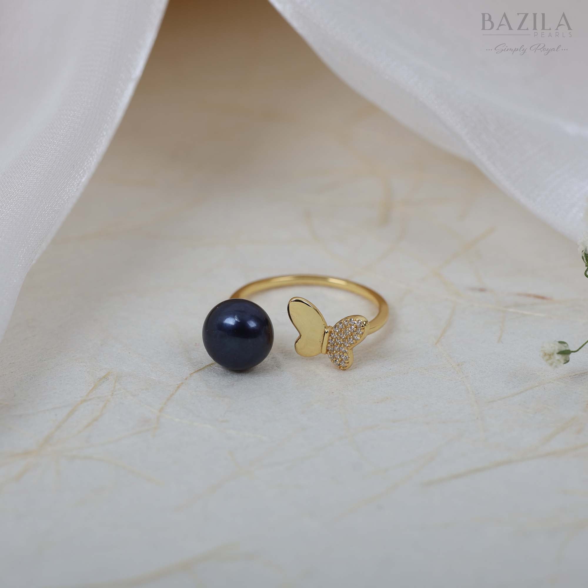 Black Pearl Ring with Gold Butterfly Accent
