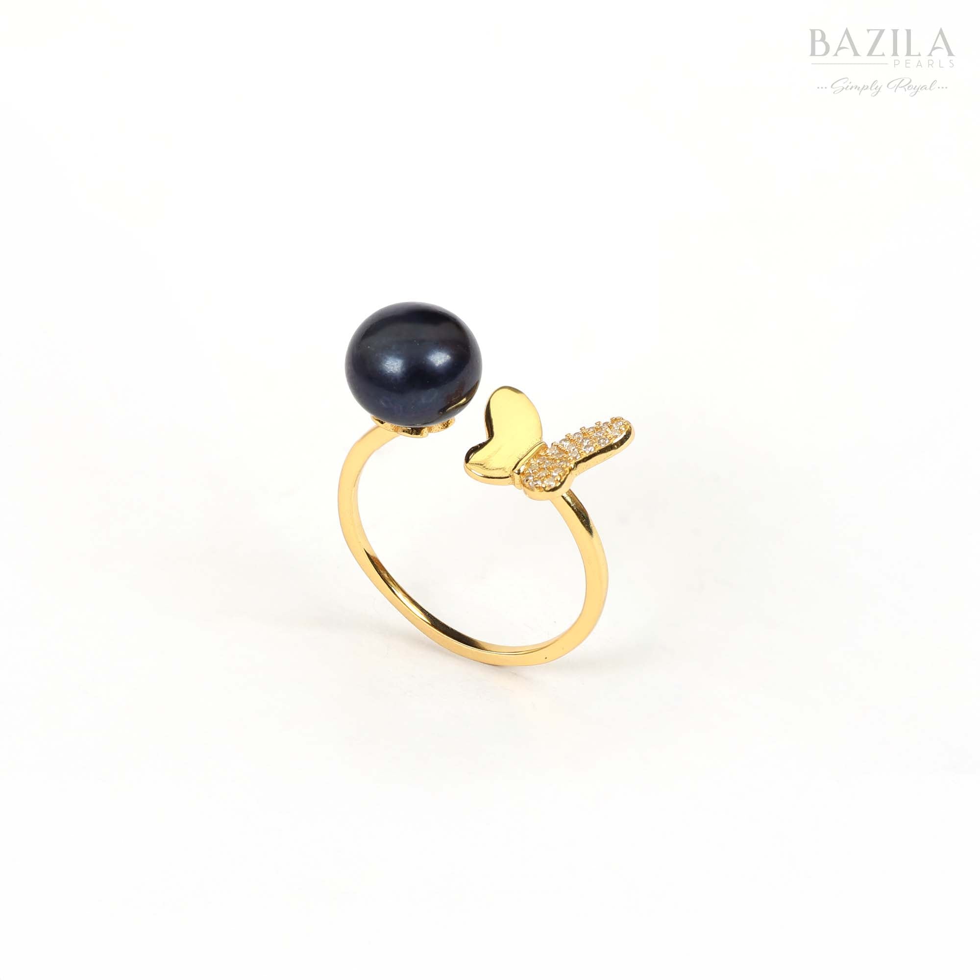 Black Pearl Ring with Gold Butterfly Accent