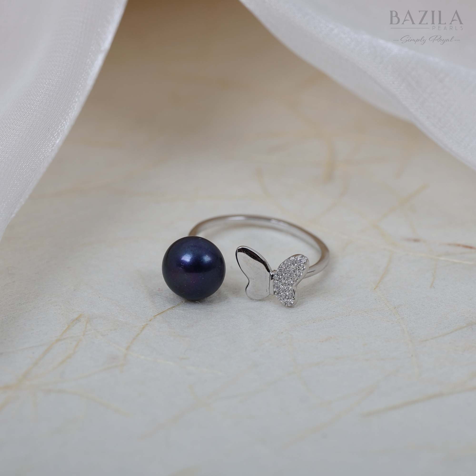 Black Pearl Ring with Sparkling Butterfly in Silver Finish