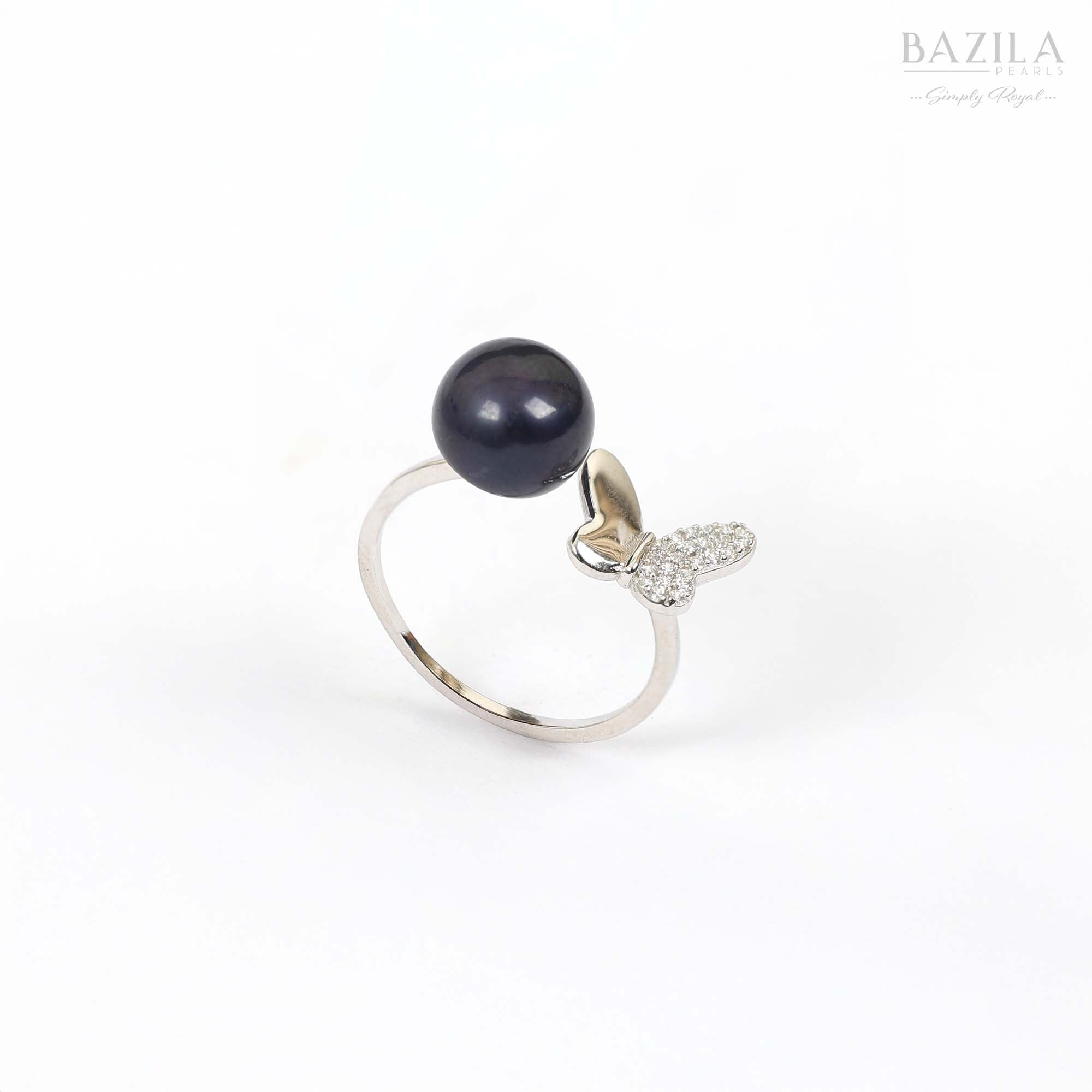 Black Pearl Ring with Sparkling Butterfly in Silver Finish