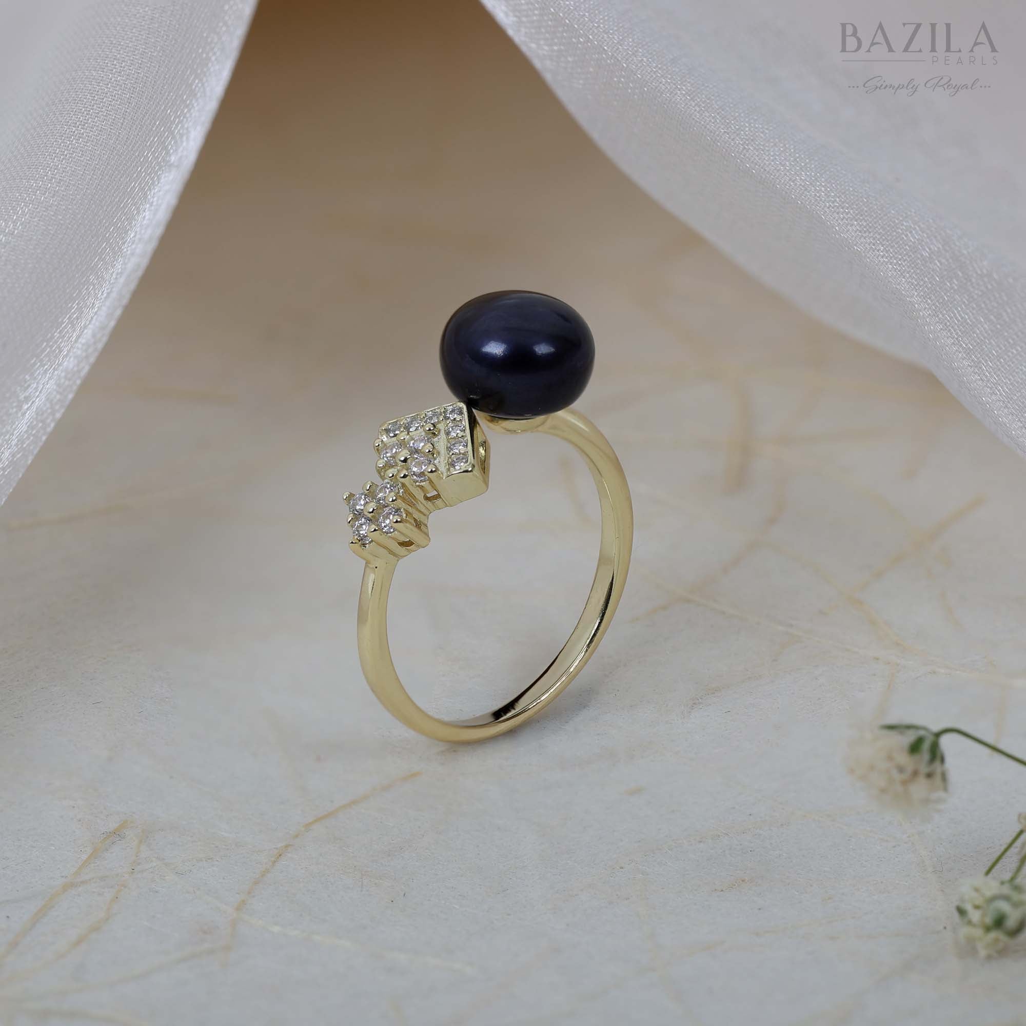 Gold Ring with Black Pearl and Diamond Cluster Accents