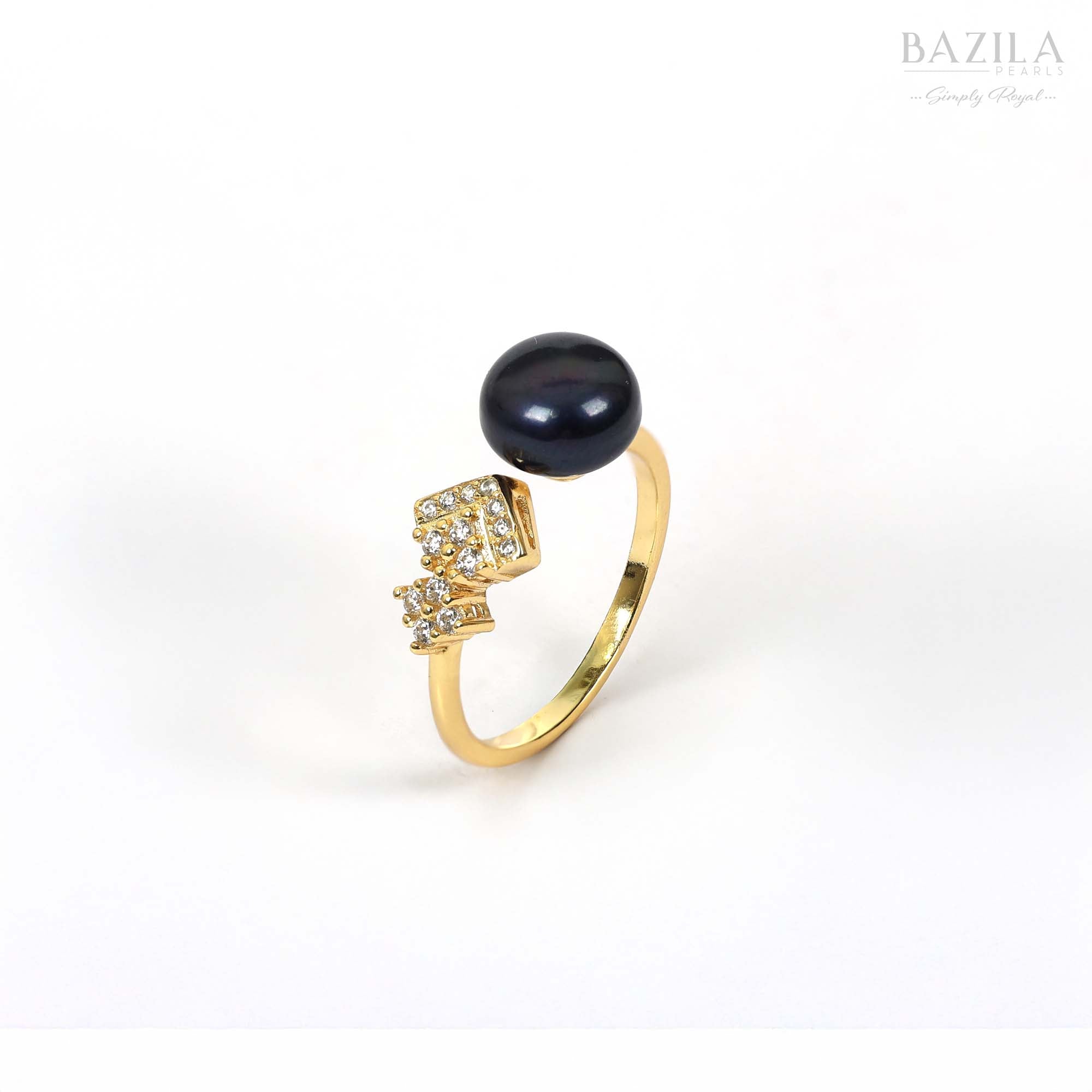 Gold Ring with Black Pearl and Zircon Cluster Accents