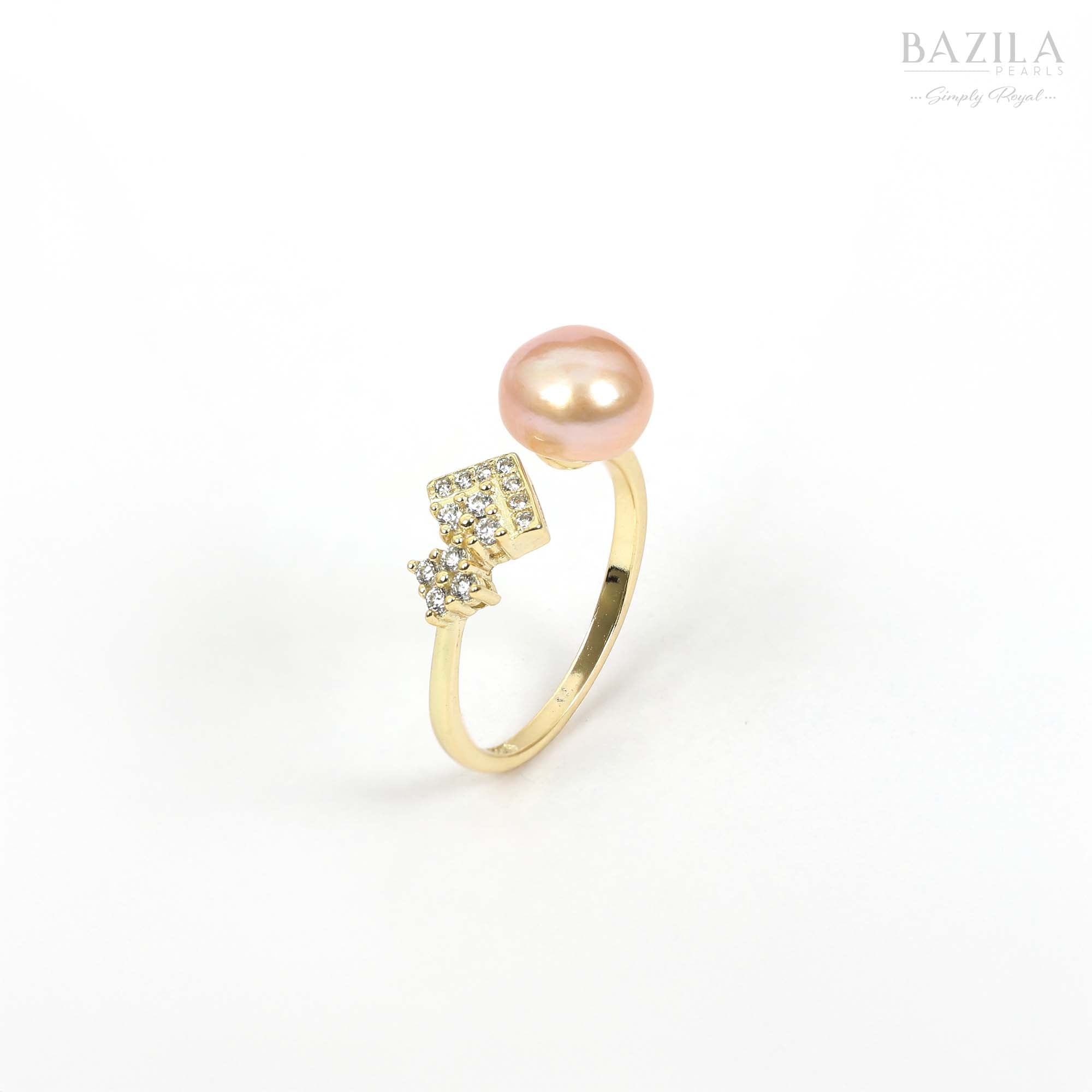 Gold Ring with Pink Pearl and Zircon Cluster Detail
