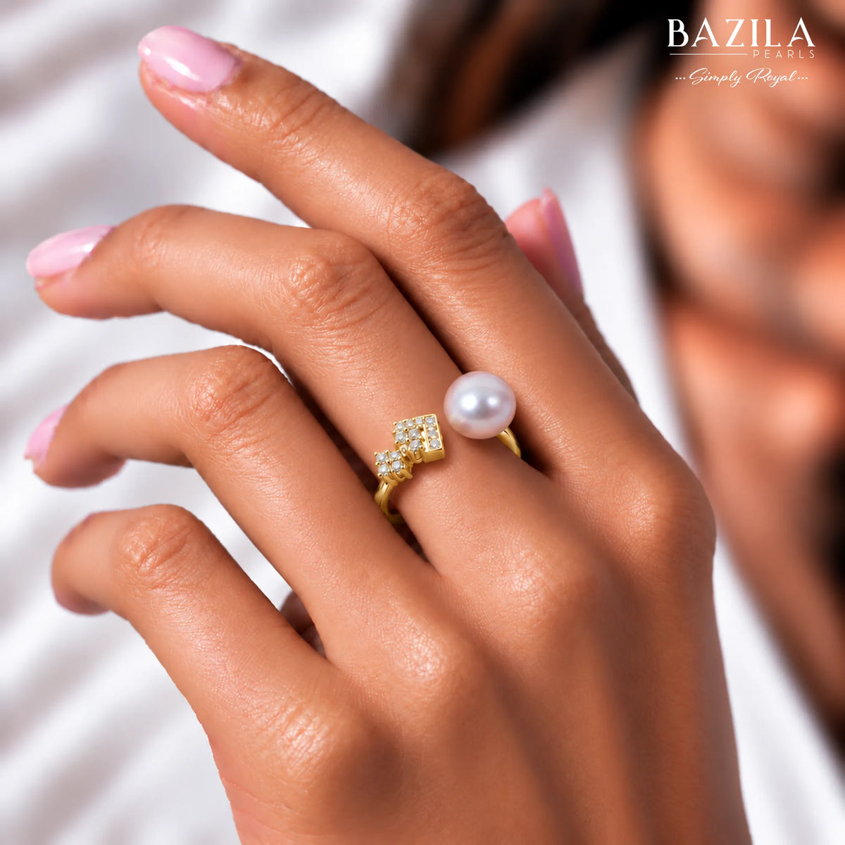 Gold Ring with White Pearl and Sparkling Cluster Accents