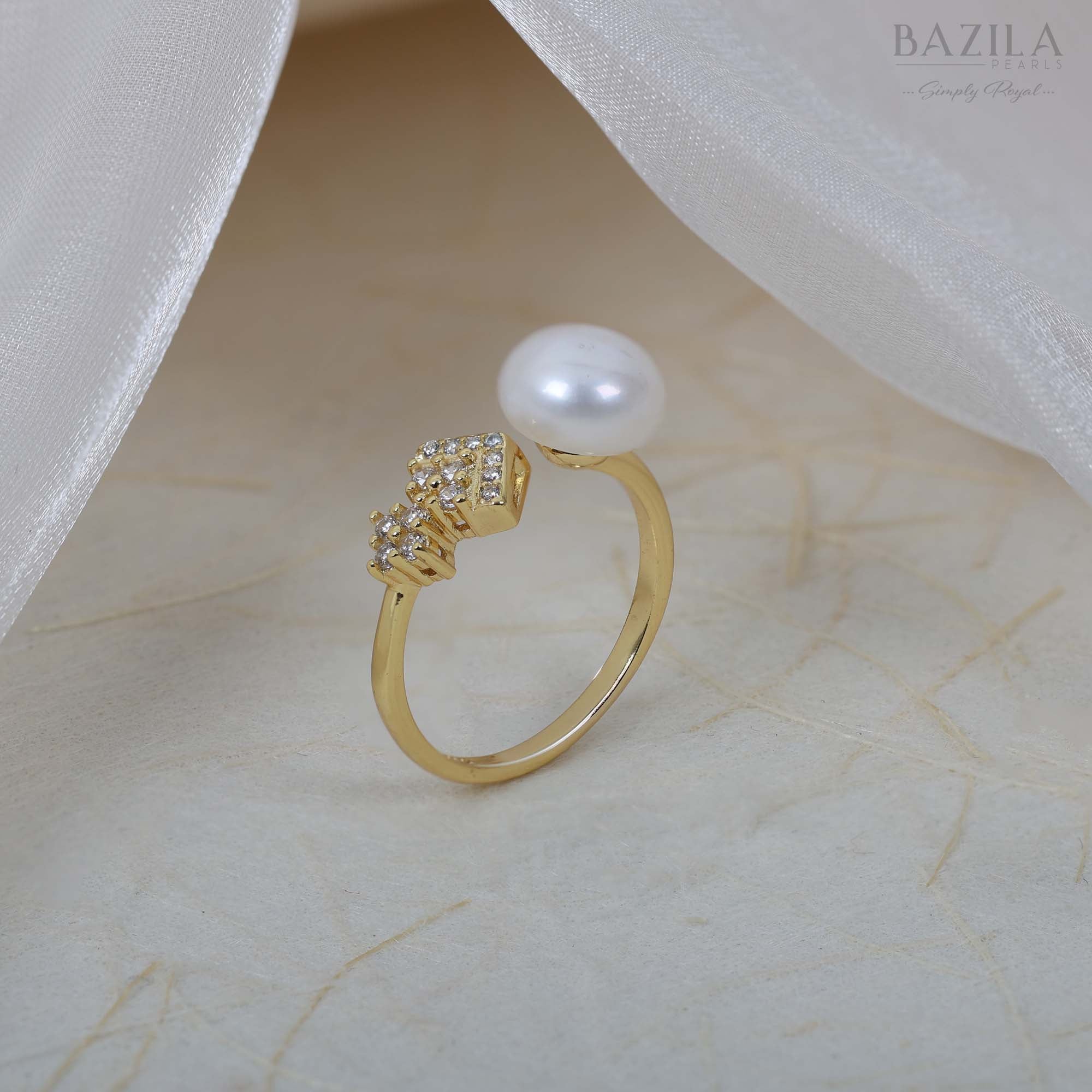 Gold Ring with White Pearl and Sparkling Cluster Accents