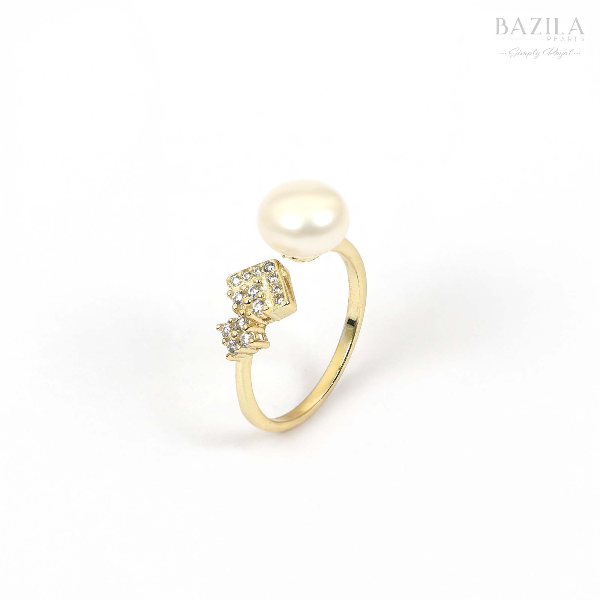 Gold Ring with White Pearl and Sparkling Cluster Accents