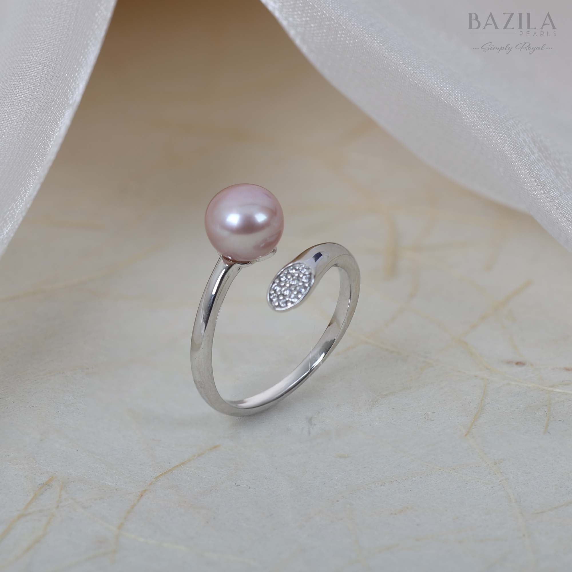 Silver-Tone Ring with Pink Pearl and Pavé Oval Accent
