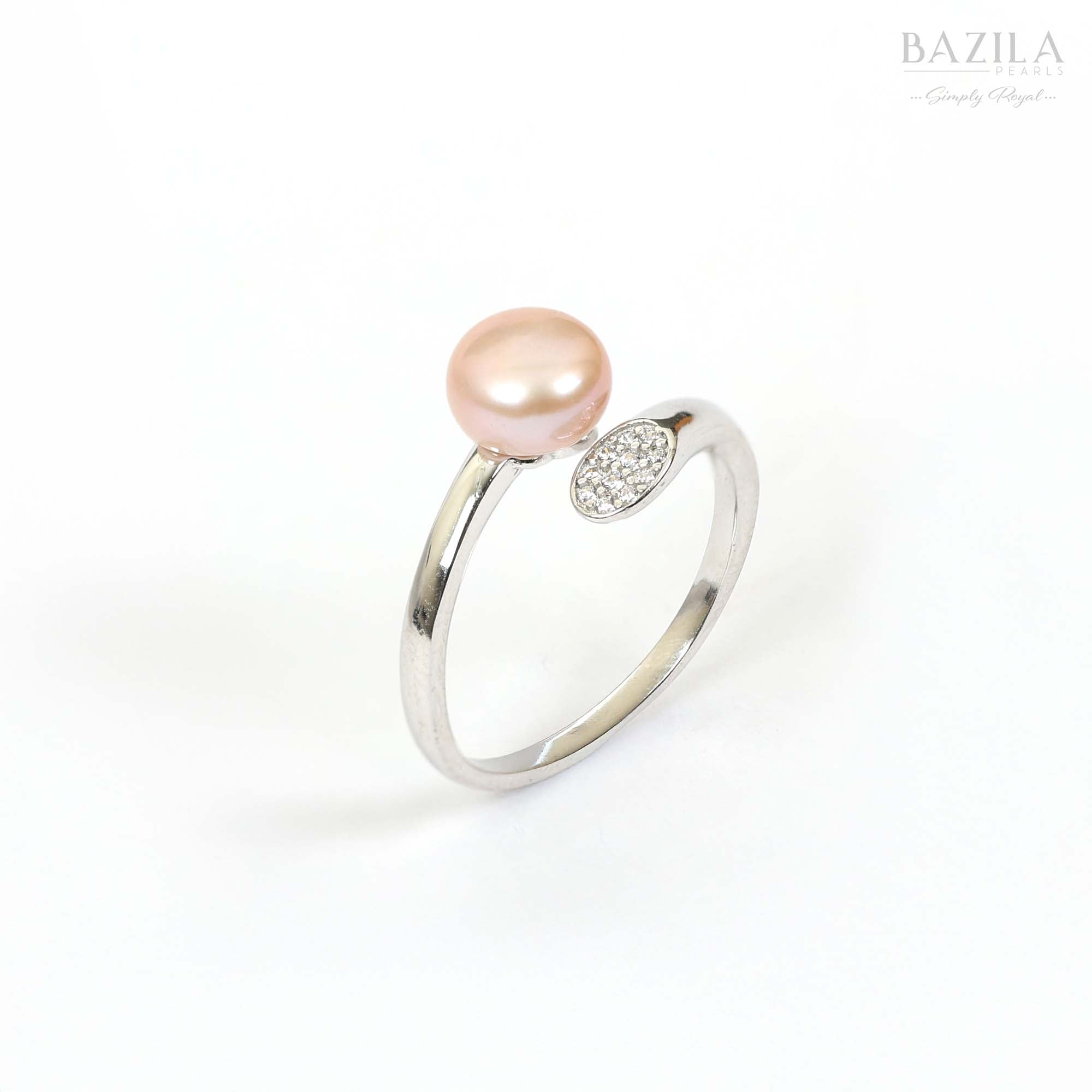 Silver-Tone Ring with Pink Pearl and Pavé Oval Accent