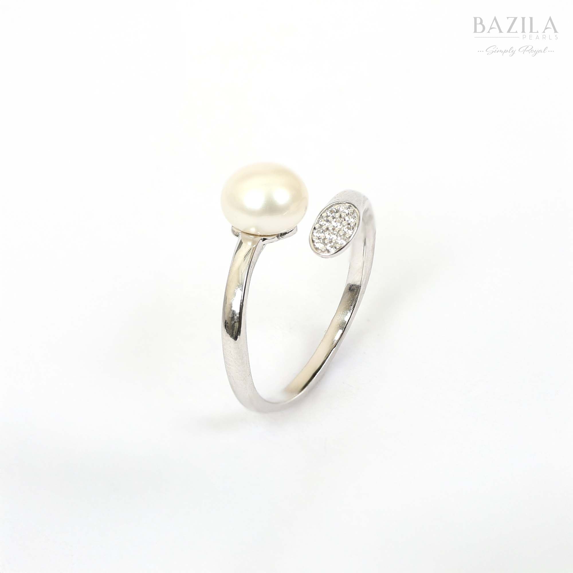 White Pearl Ring with Sparkling Oval Accent