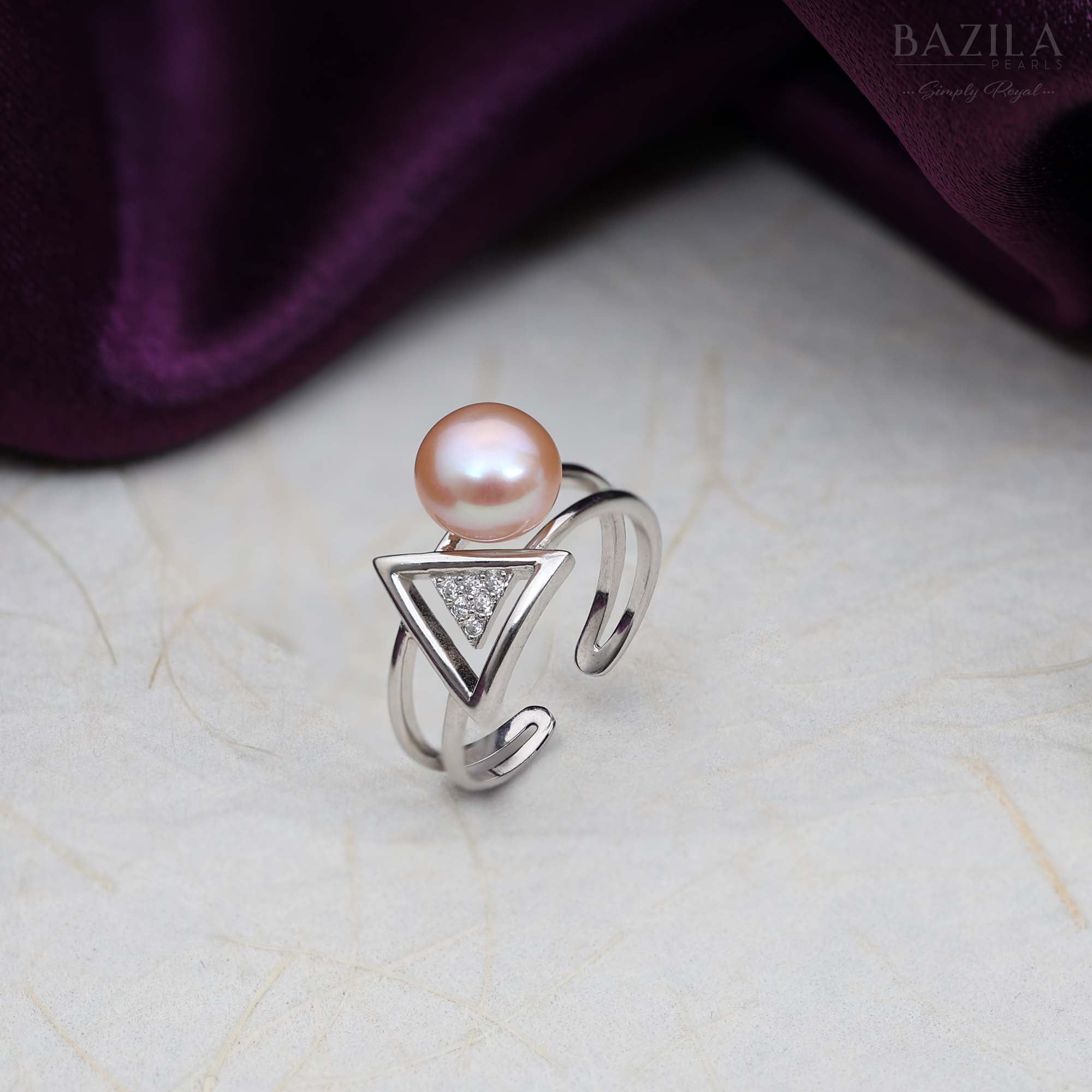 Pink Pearl Ring with Open Triangle Sparkle in Silver Finish