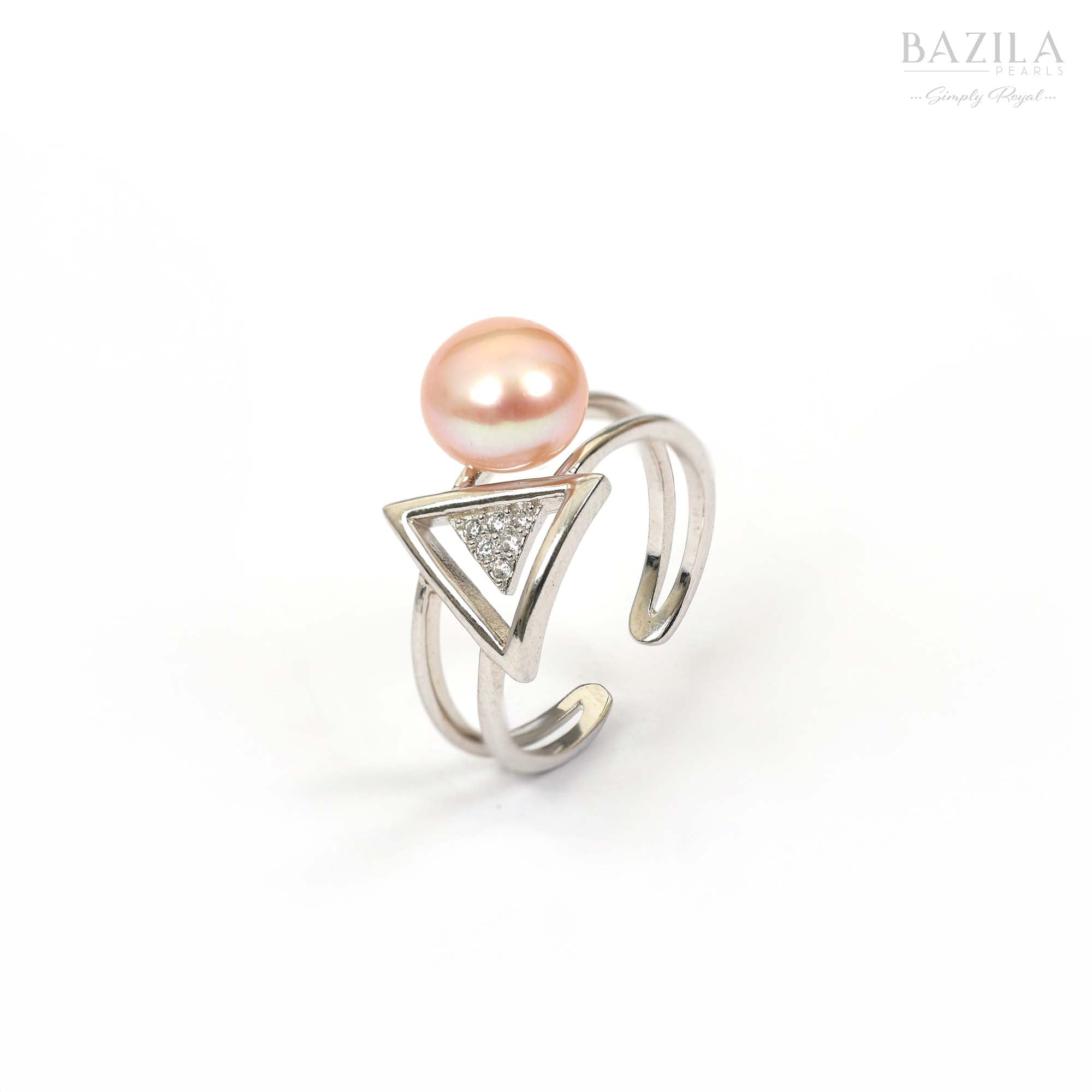 Pink Pearl Ring with Open Triangle Sparkle in Silver Finish