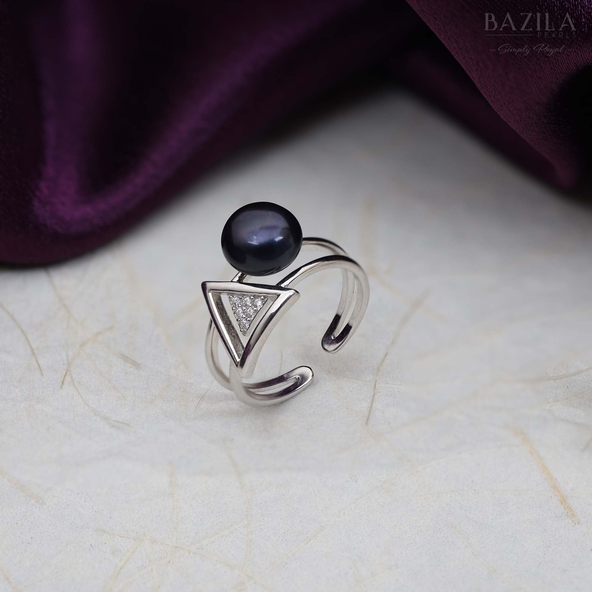 Black Pearl Ring with Geometric Triangle Sparkle