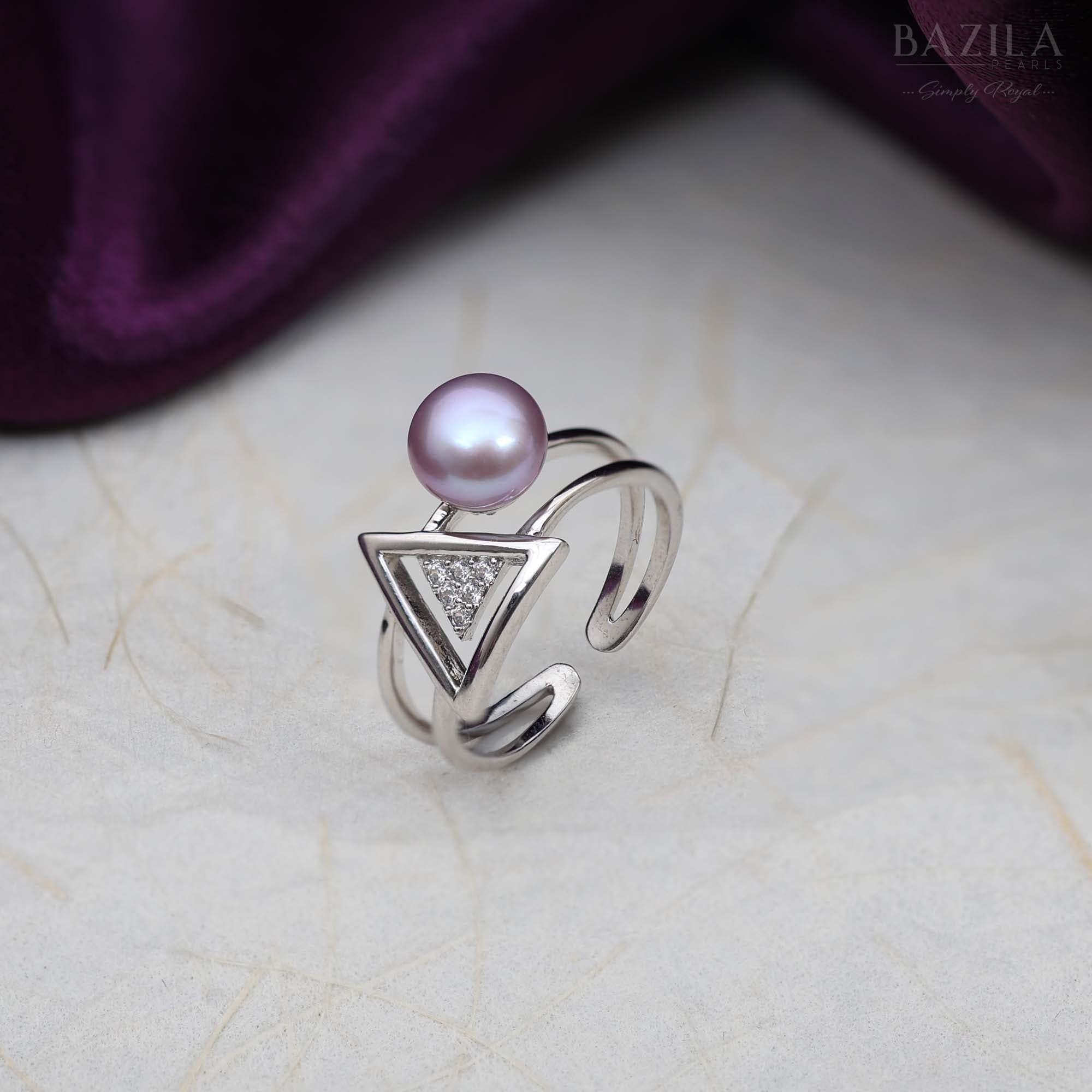 Lavender Pearl Ring with Silver Triangle Crystal Accent