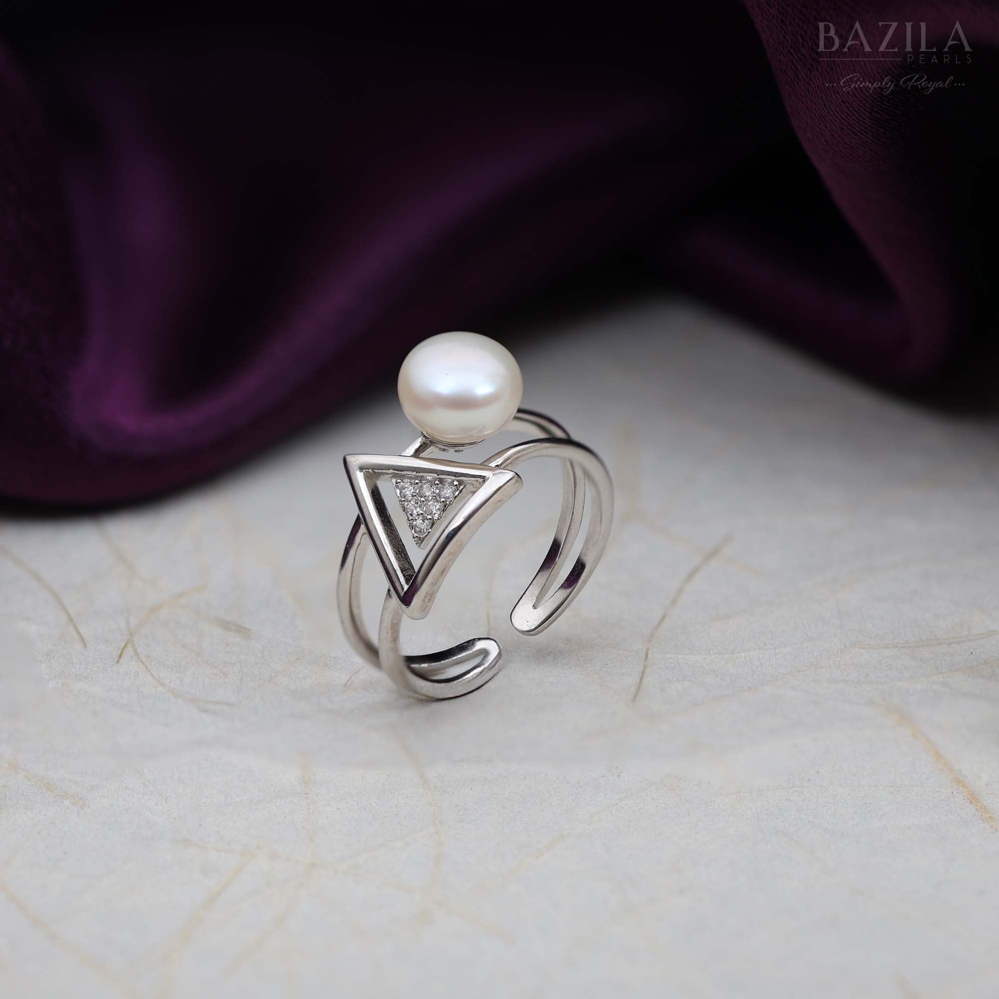 White Pearl Ring with Triangle Crystal Detail in Silver Finish