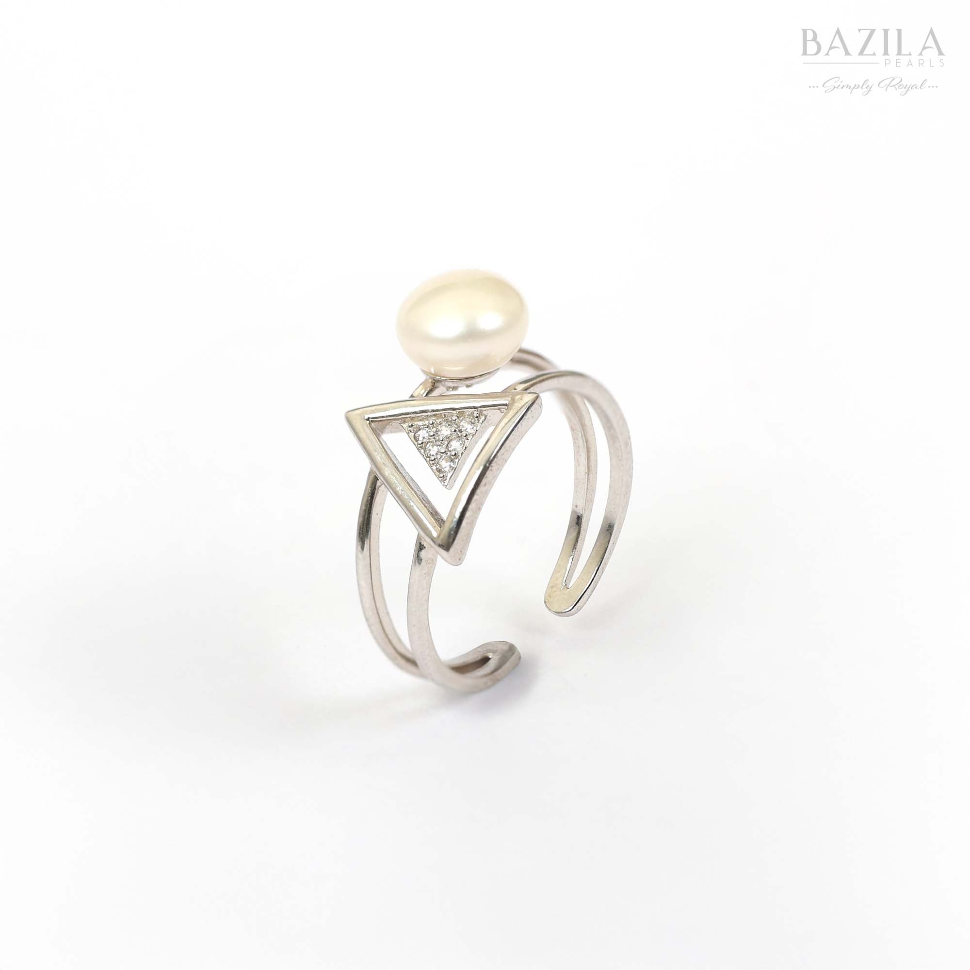 White Pearl Ring with Triangle Crystal Detail in Silver Finish