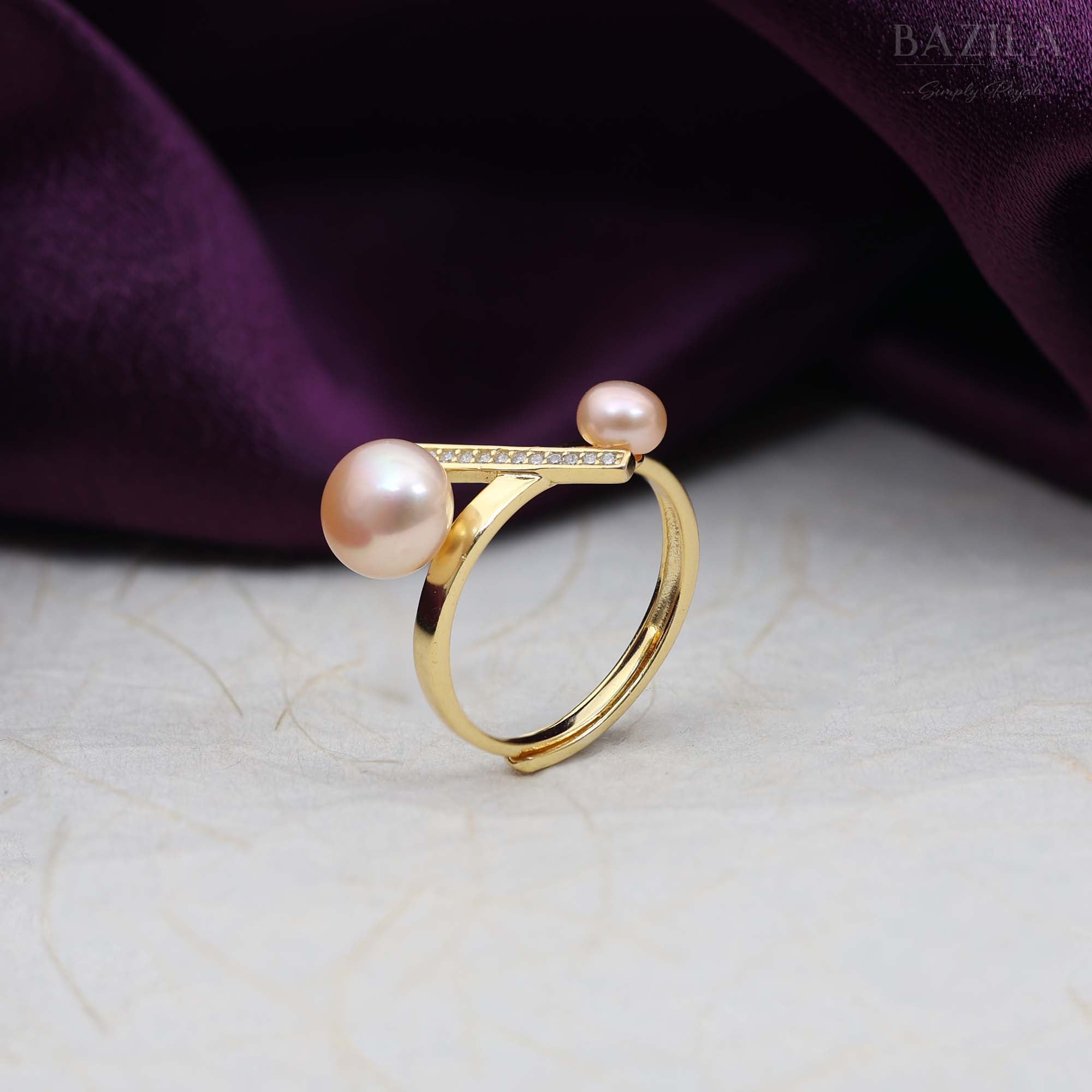 Gold Ring with Dual Pink Pearls and Crystal Bar Accent