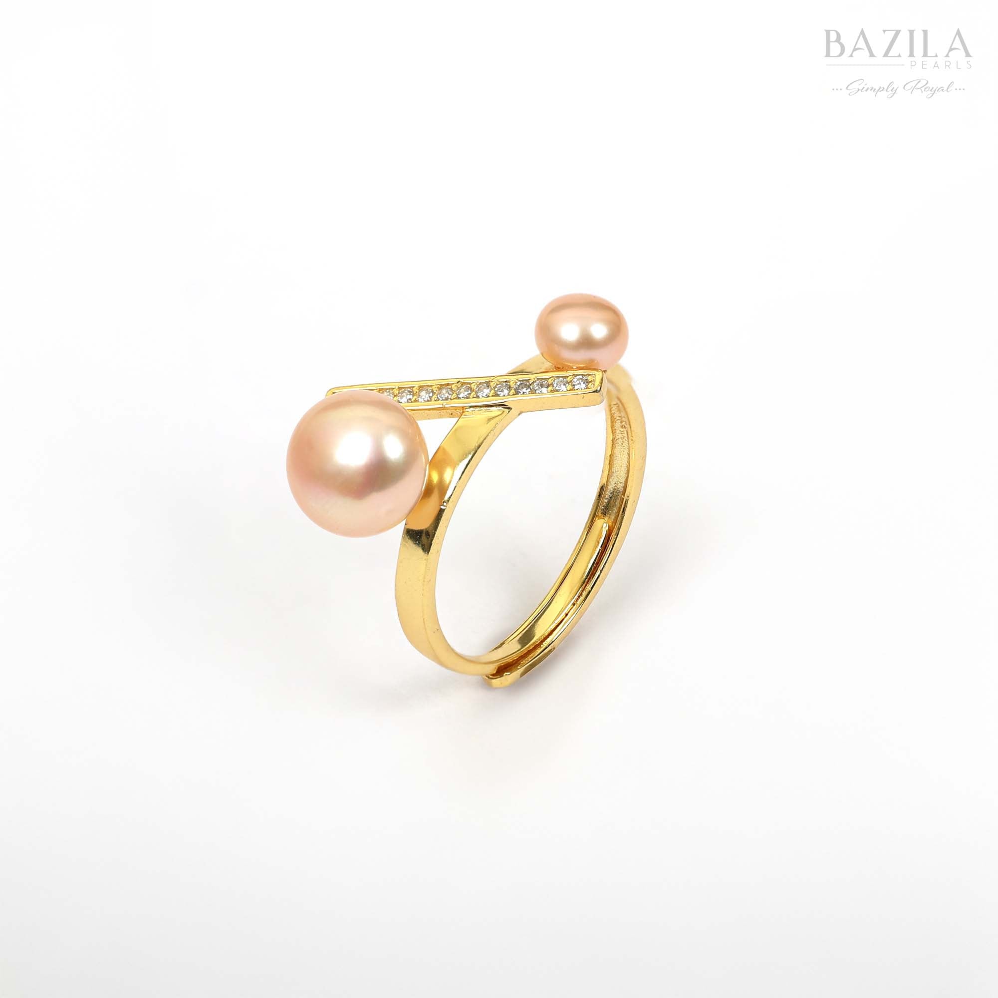 Gold Ring with Dual Pink Pearls and Crystal Bar Accent