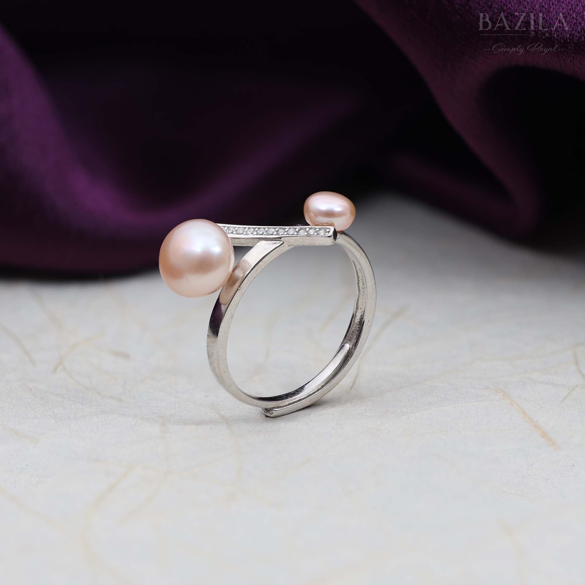 Silver Ring with Dual Pink Pearls and Crystal Line Detail