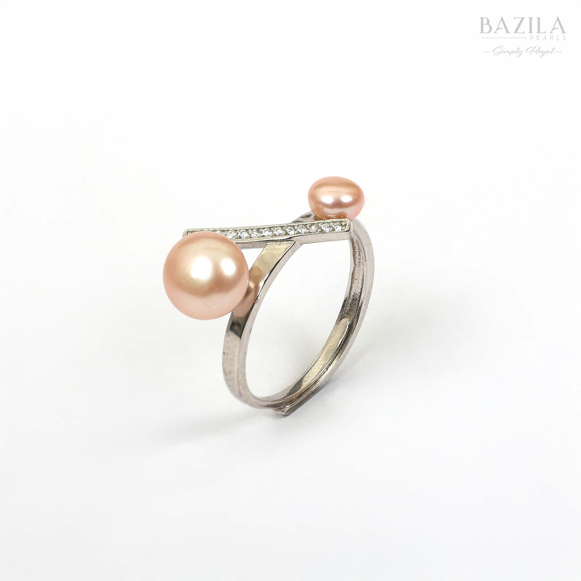 Silver Ring with Dual Pink Pearls and Crystal Line Detail